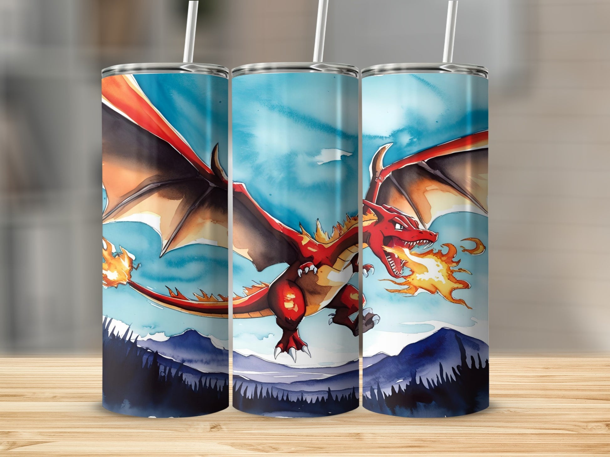 Red dragon breathing fire over mountains on a tumbler.