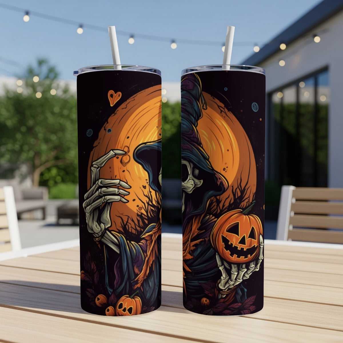 Two tumblers featuring a skeleton grim reaper holding a pumpkin.