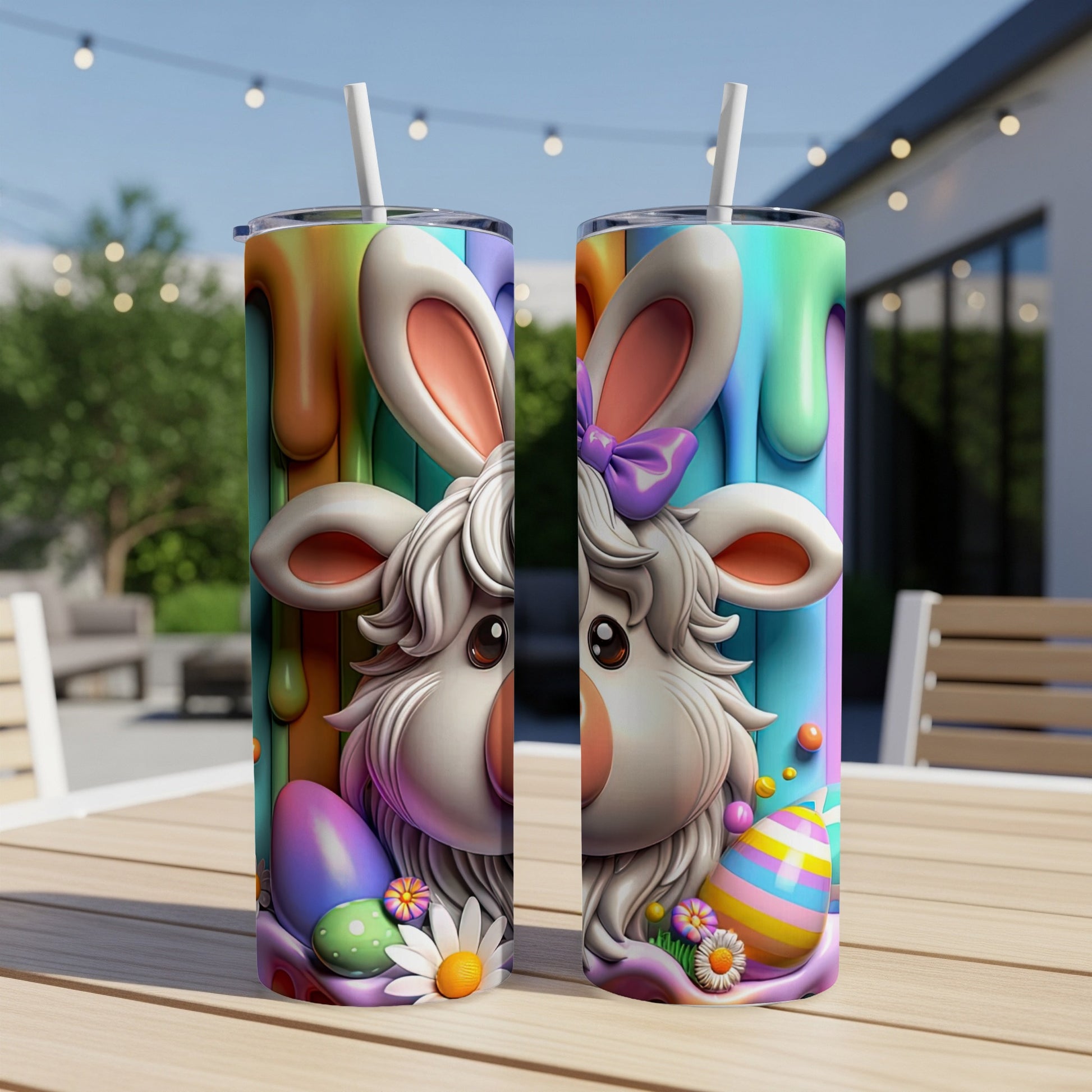 Two tumblers with colorful Easter bunny designs and dripping paint effect.
