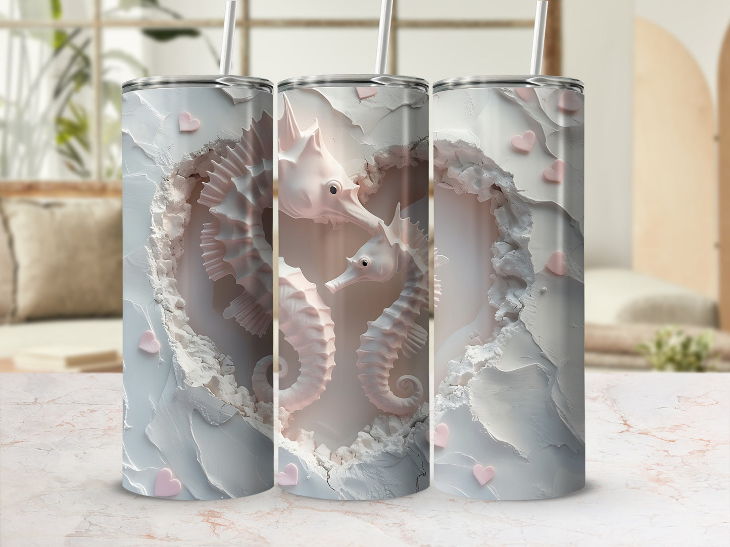 Seahorses within a heart-shaped crystal cave, pink heart accents, white tumbler.