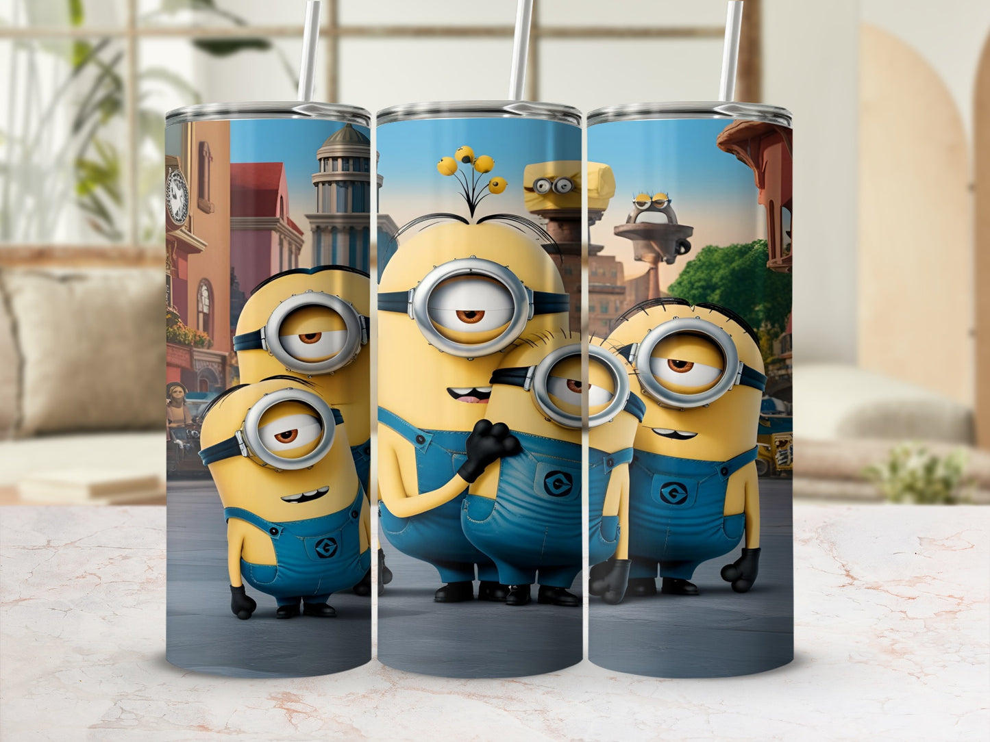 Minions in denim overalls stand in a city street, a playful cartoon scene.