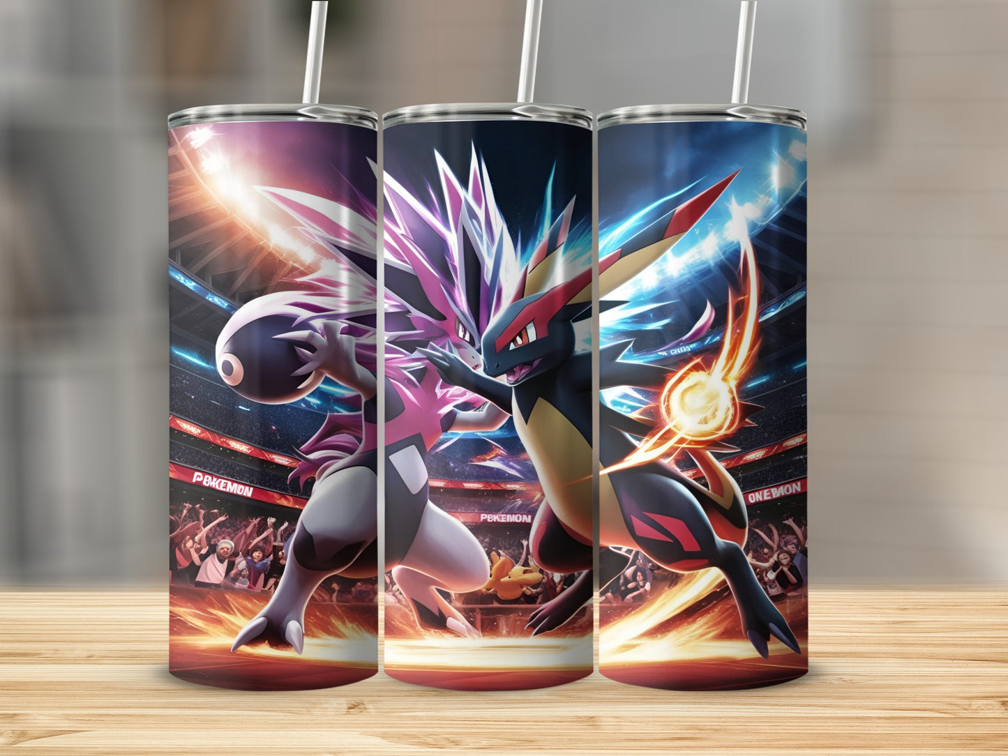 Three Pokémon characters in a stadium battle, one with pink and white spikes, the other black and red with fire.