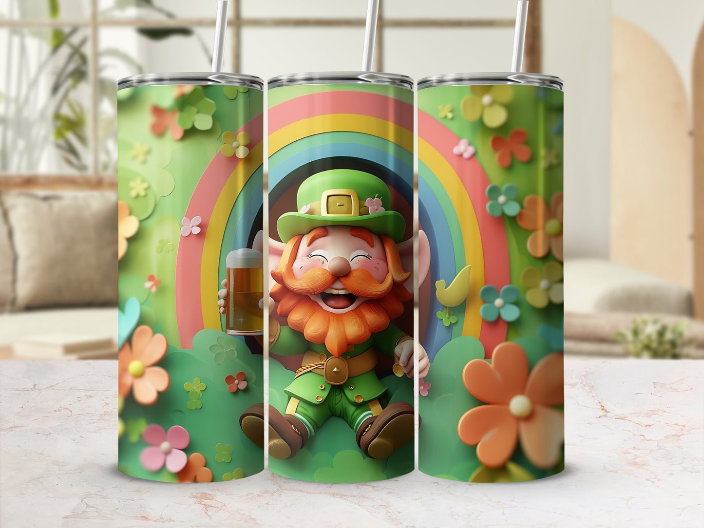 Green leprechaun holding a beer mug with rainbow and flowers on tumbler.
