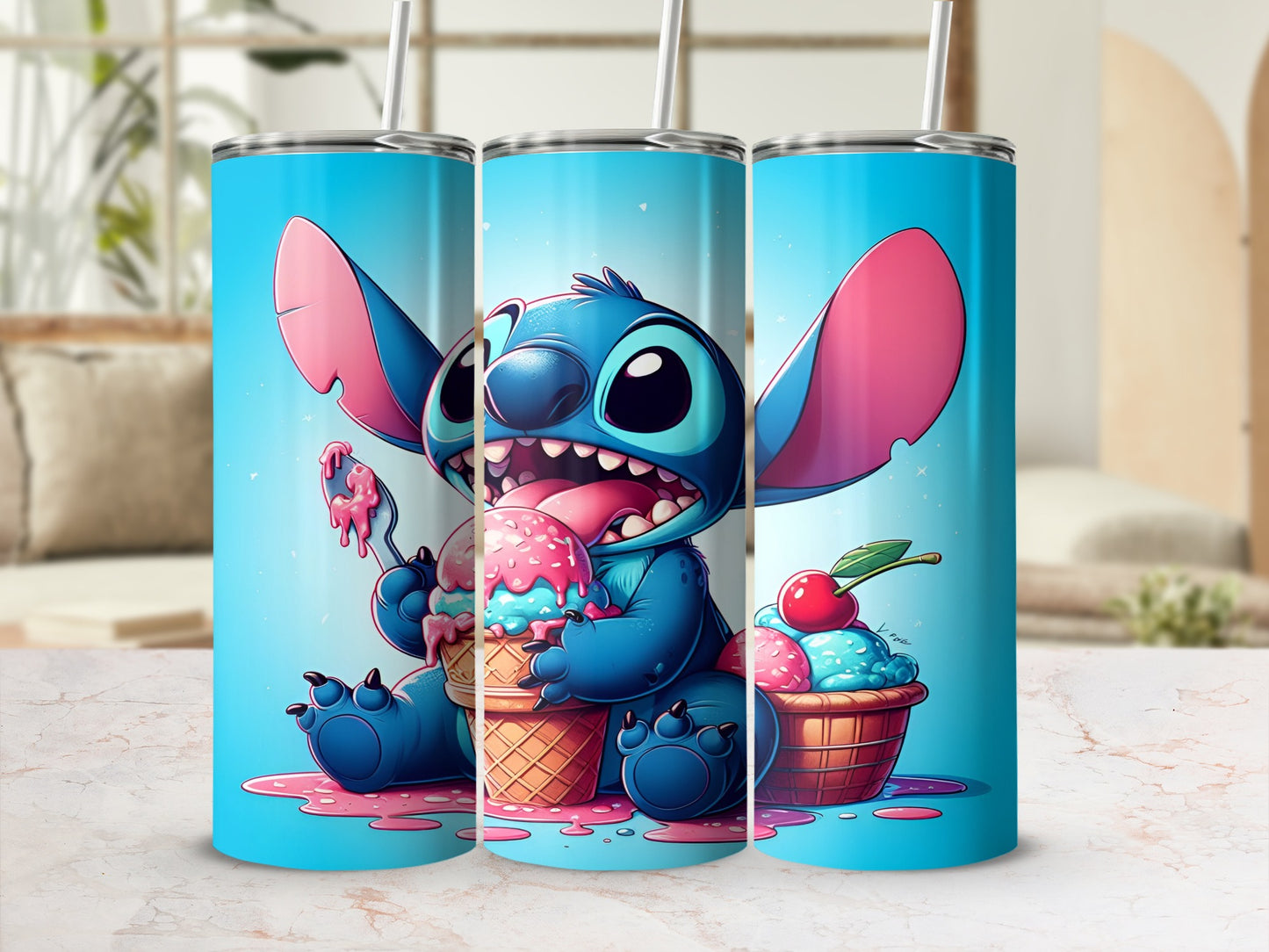 Stitch with ice cream cones and a bowl of cherries on blue background.