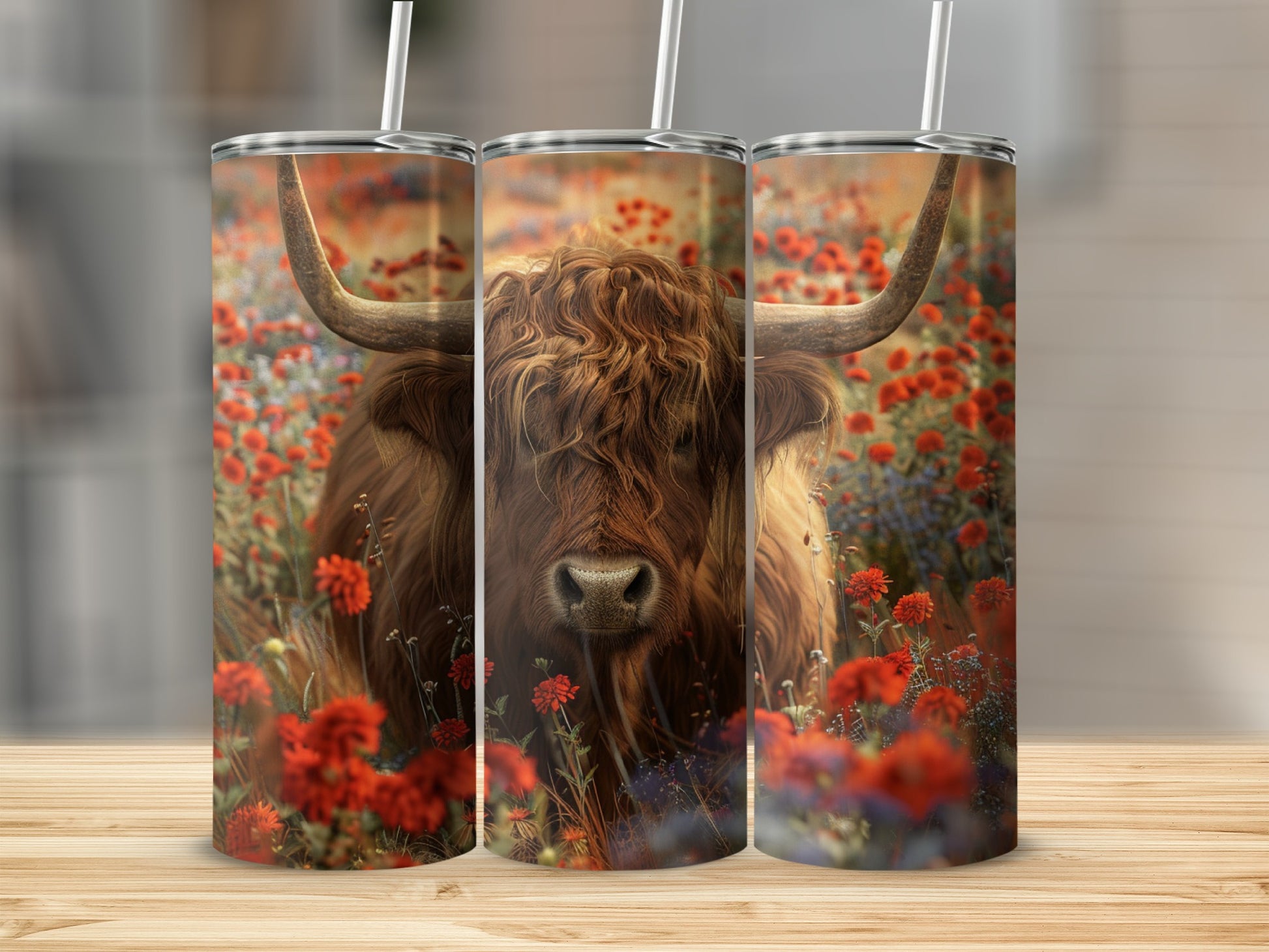 Highland cow in a field of red poppies on a tumbler.
