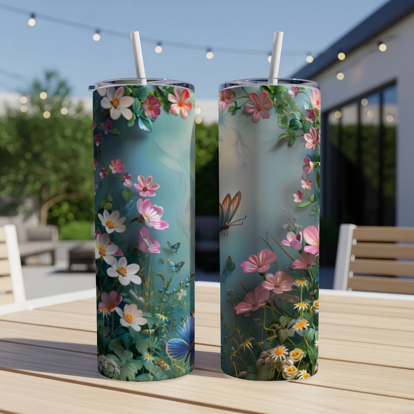 Two tumblers with floral and butterfly design on a patio table.