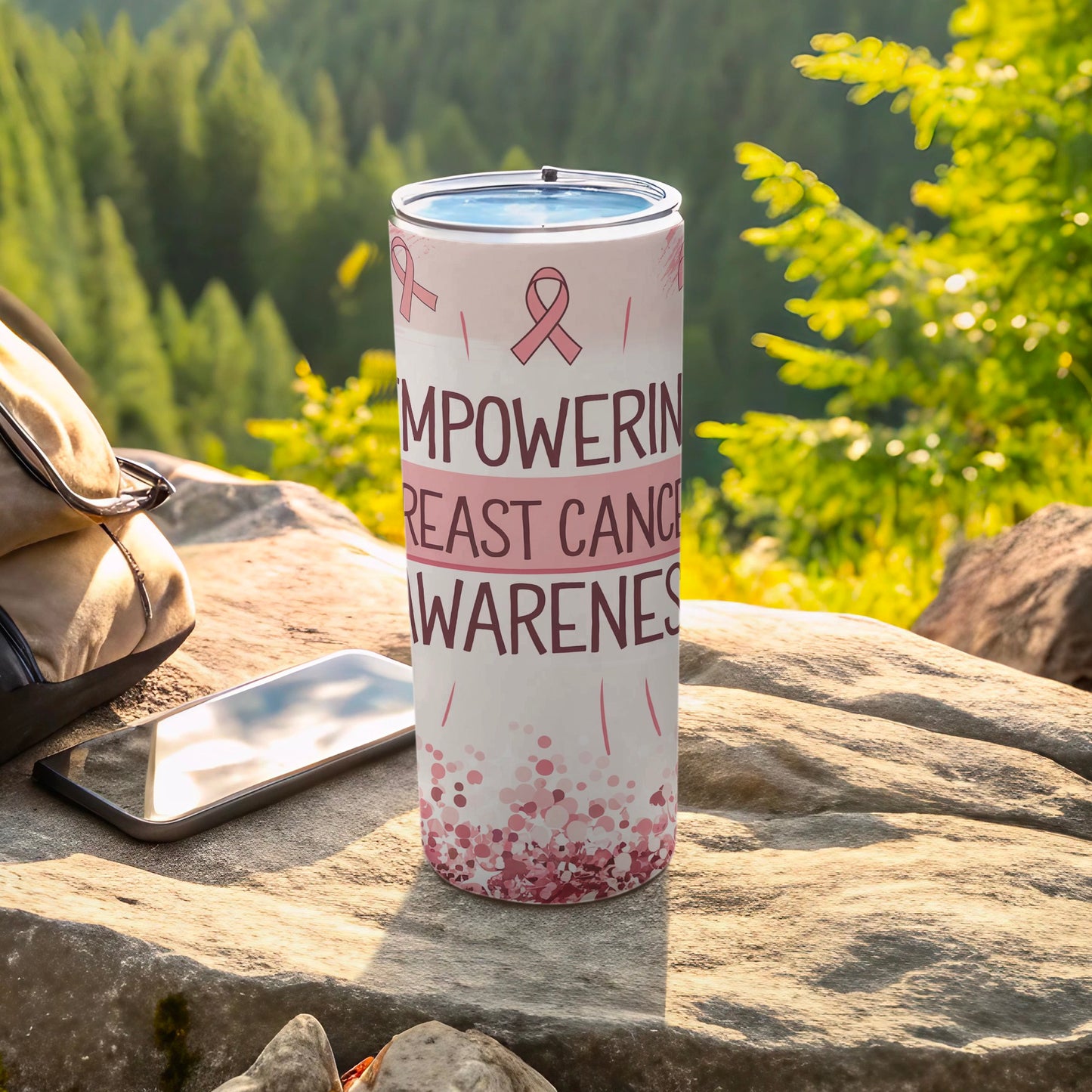 Pink tumbler with "Breast Cancer Awareness" text and ribbon design.
