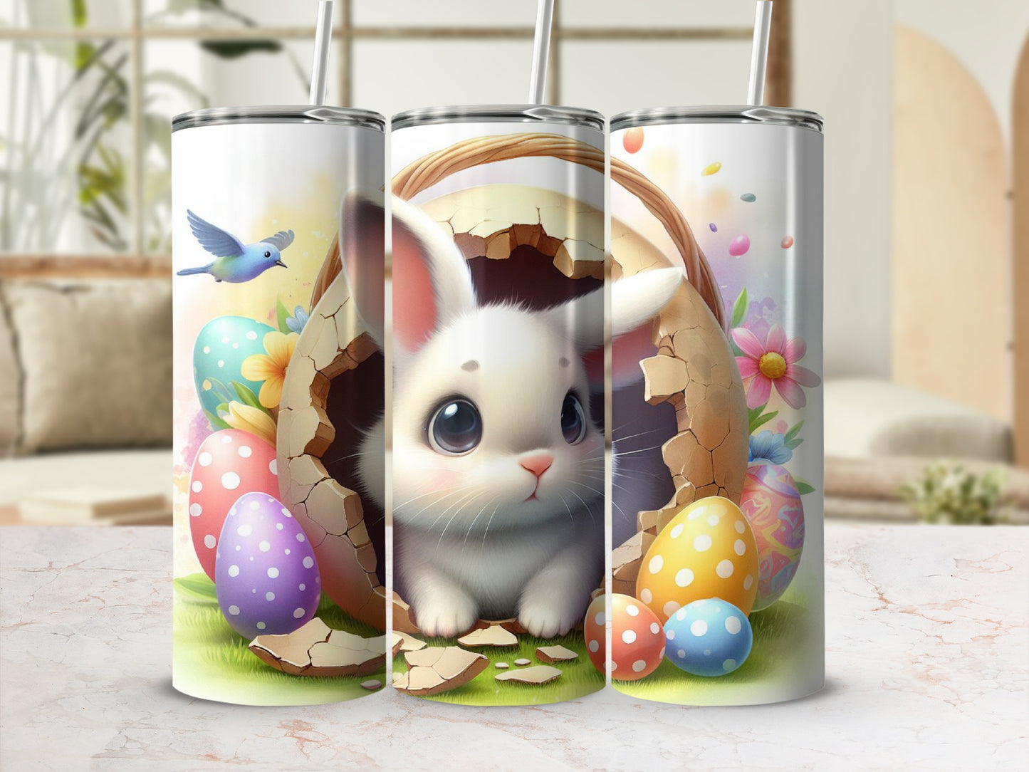 Easter bunny peeking from cracked egg with colorful eggs and bird.