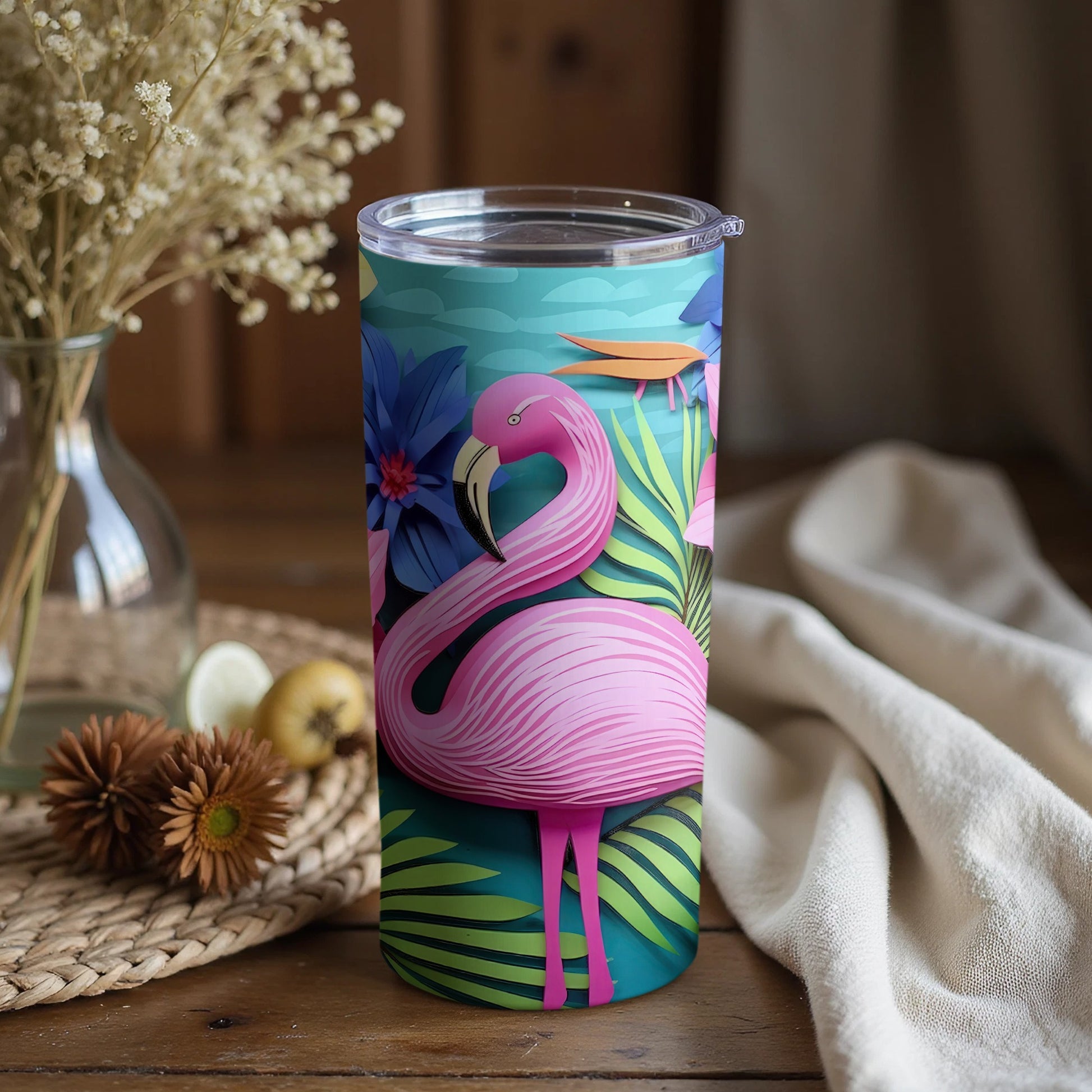 Vibrant Flamingo and Tropical Flowers Tumbler Cup