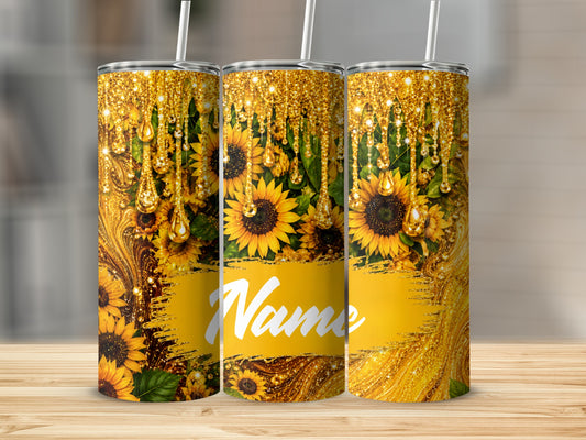 Three tumblers with sunflowers and dripping gold glitter design, with "Name" in white text.