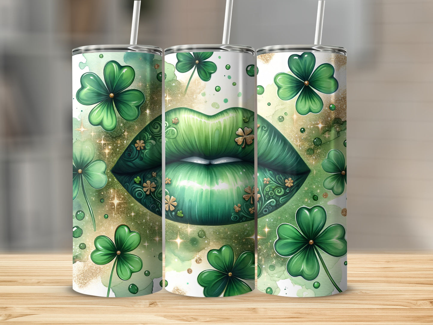Green lips and shamrocks on three tumblers, with glitter accents.
