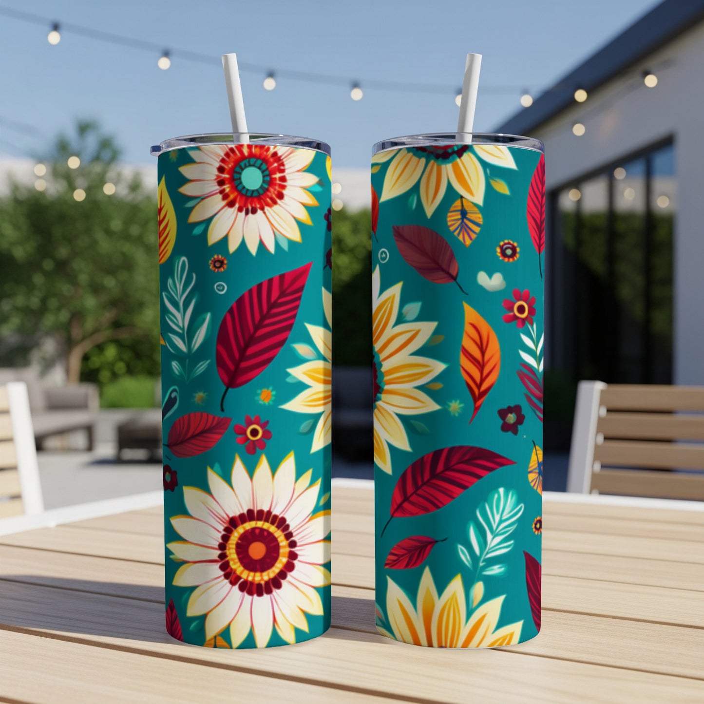 Two teal tumblers with sunflower and leaf pattern on outdoor table.