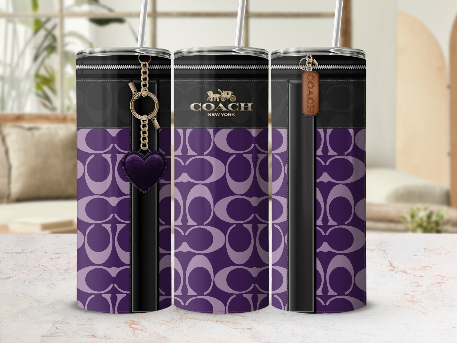 Coach Purple Pattern Tumbler With Zipper Design