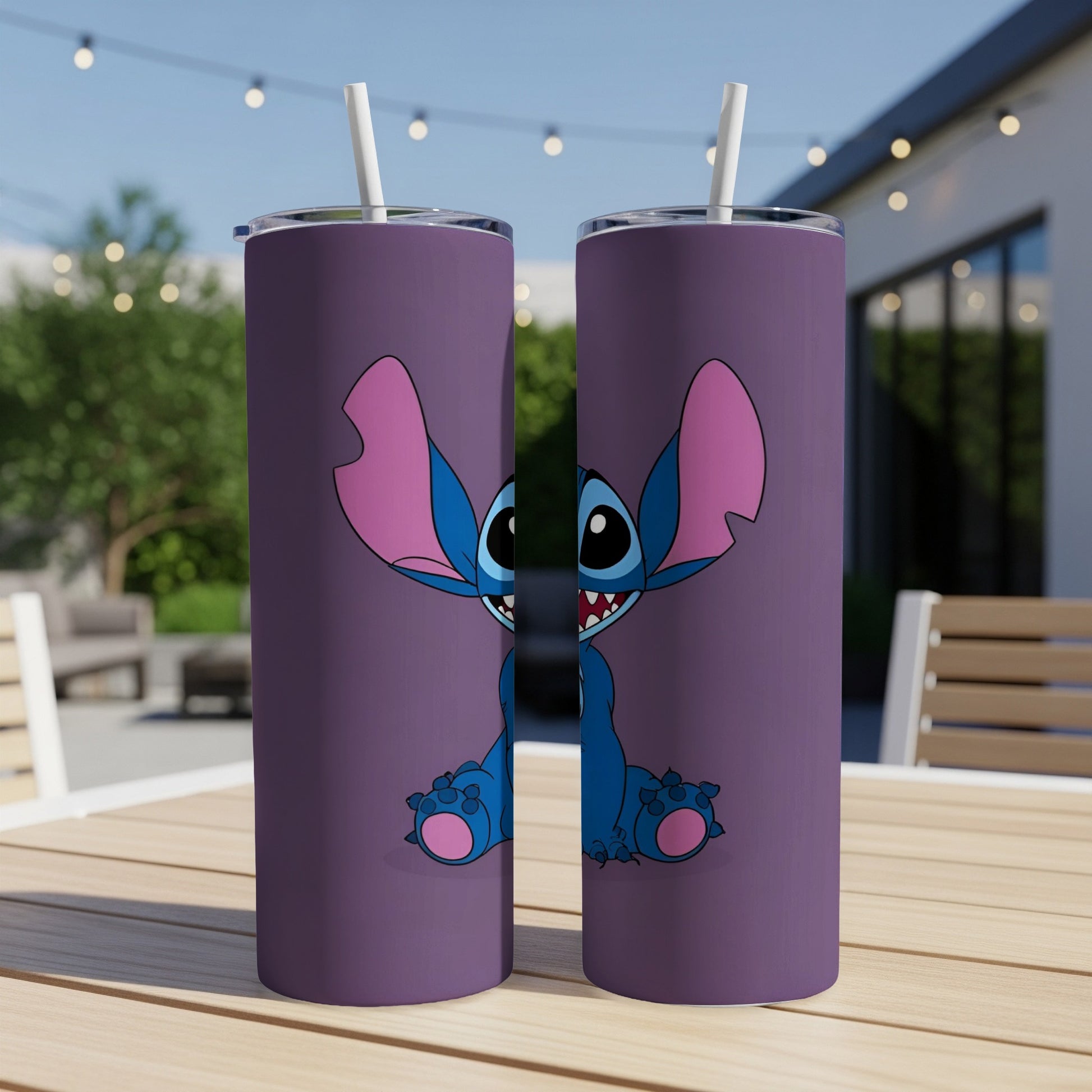 Two purple tumblers featuring Stitch from Lilo & Stitch.