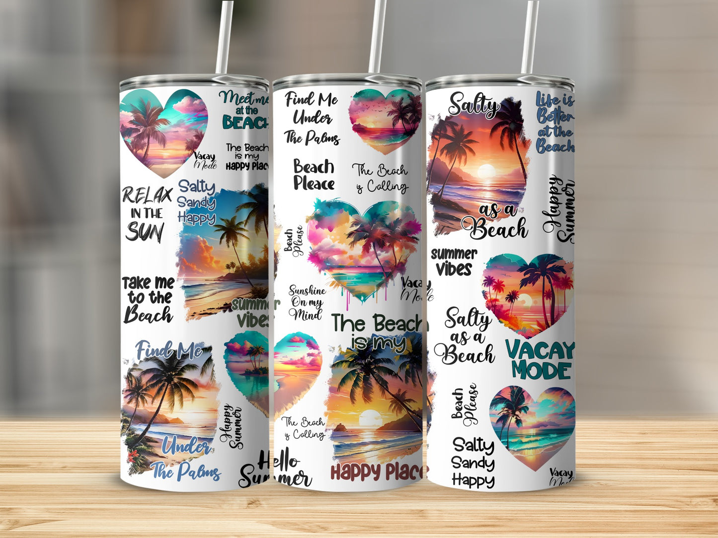 Tumblers with beach and sunset designs, featuring text like "Meet me at the Beach" and "Salty Summer Vibes."
