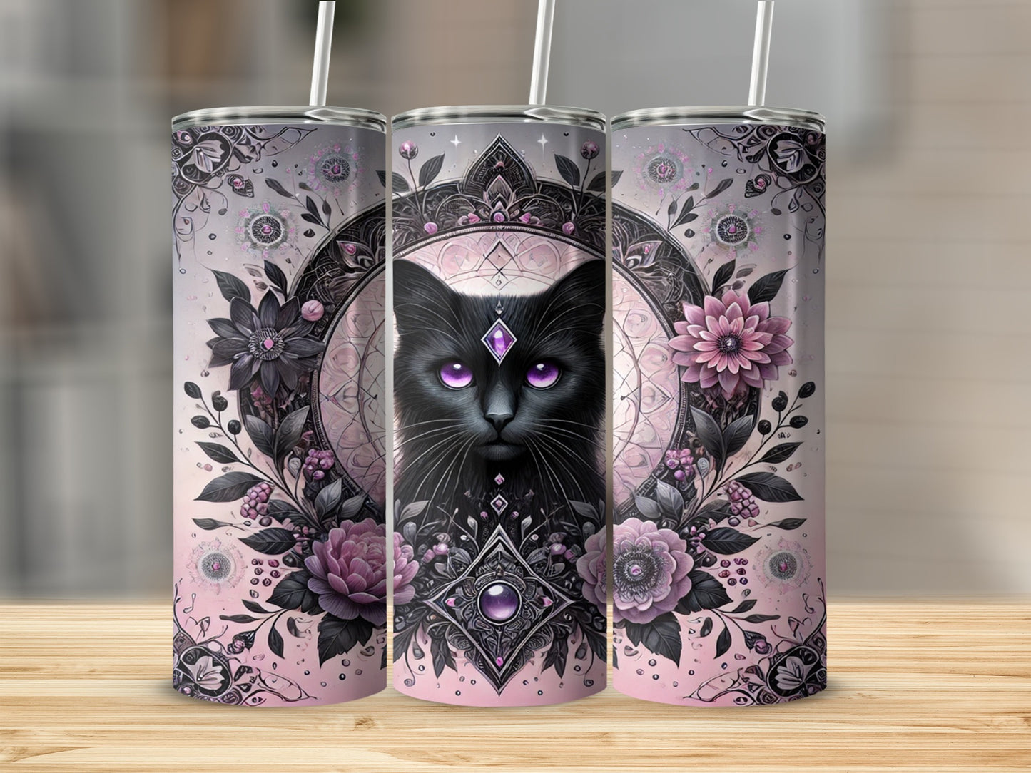 Mystic Black Cat Floral and Gem Design Tumbler