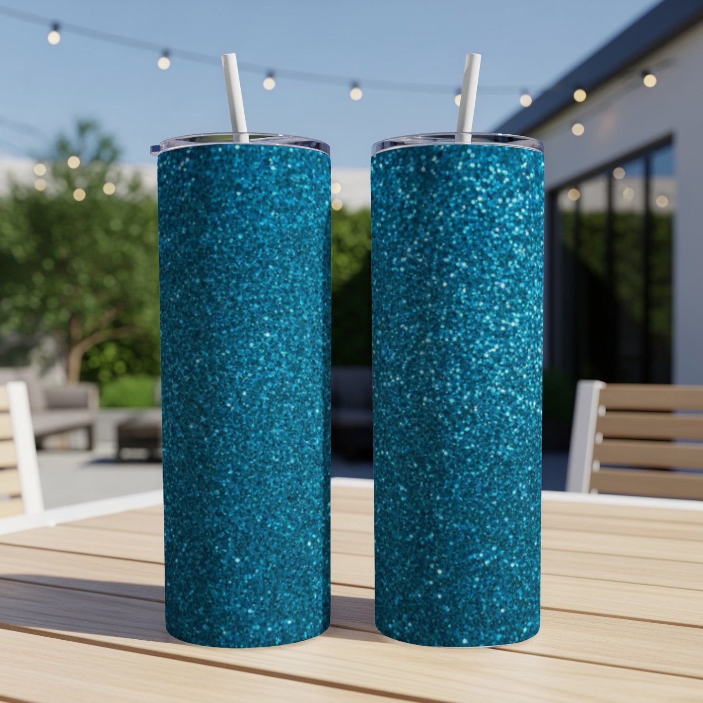 Two glittery blue tumblers with straws on a wooden table.
