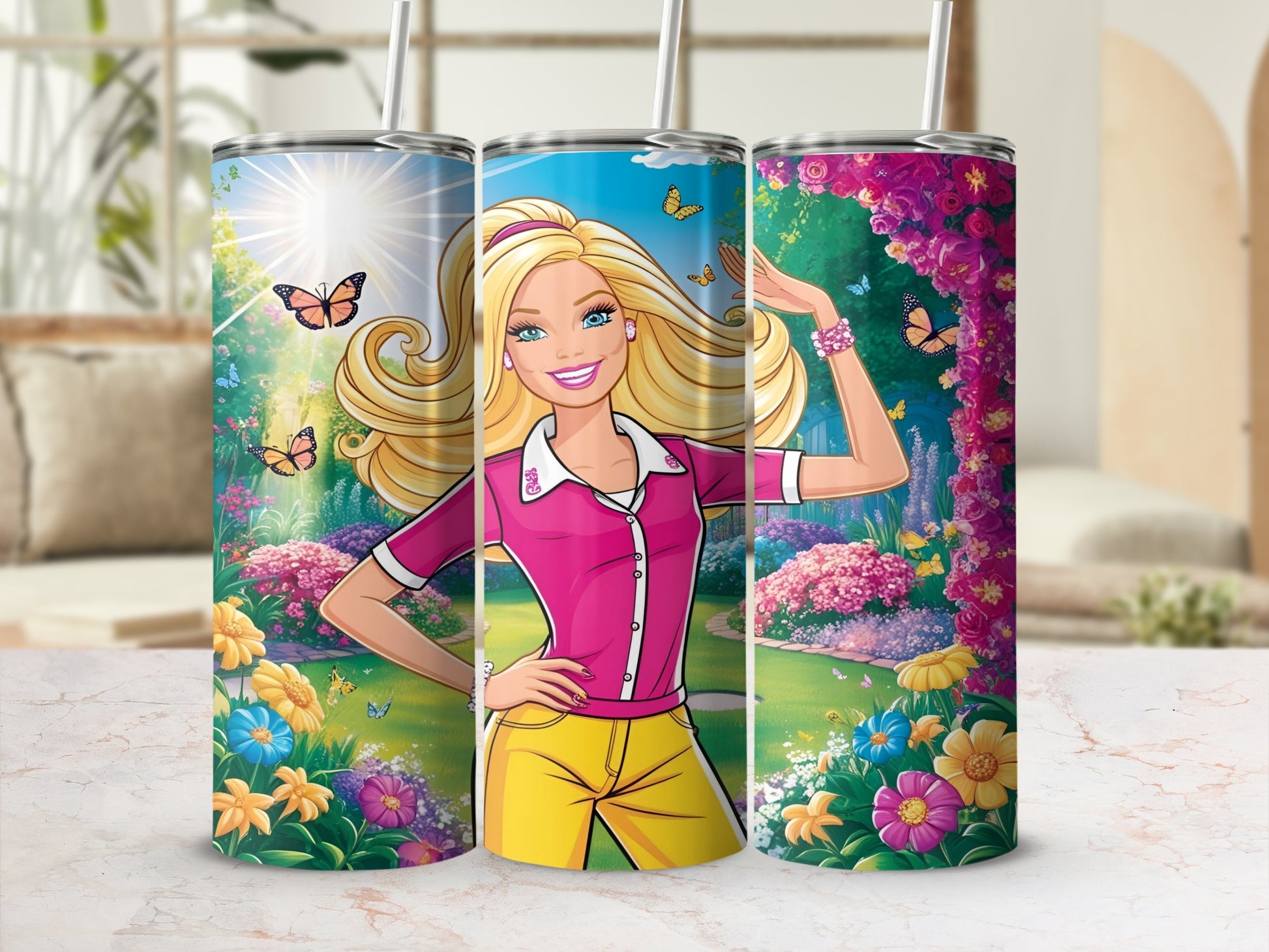 Barbie in pink shirt and yellow pants in a vibrant floral garden with butterflies.