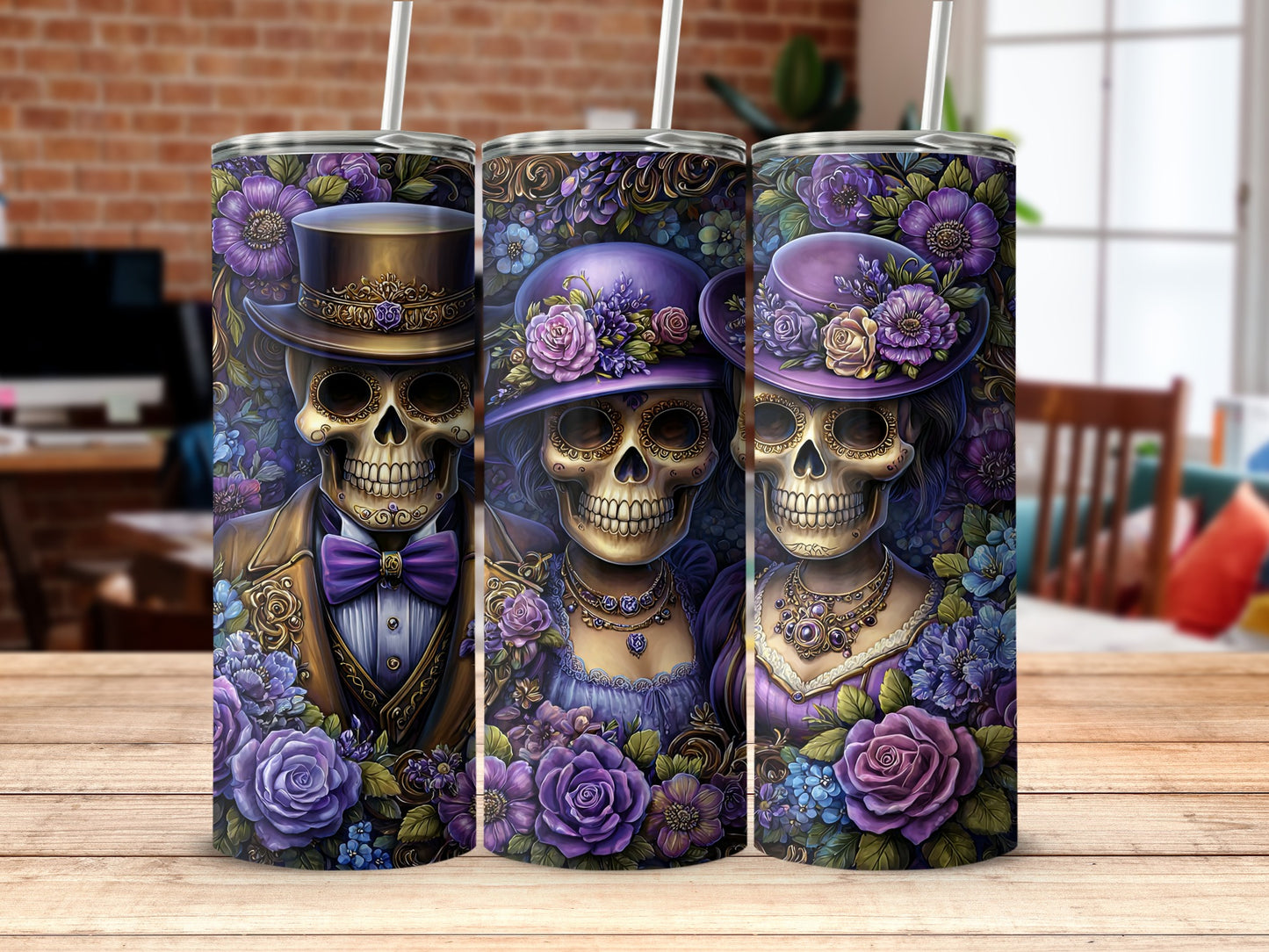 Gothic Skull Couple Tumbler with Floral Accents