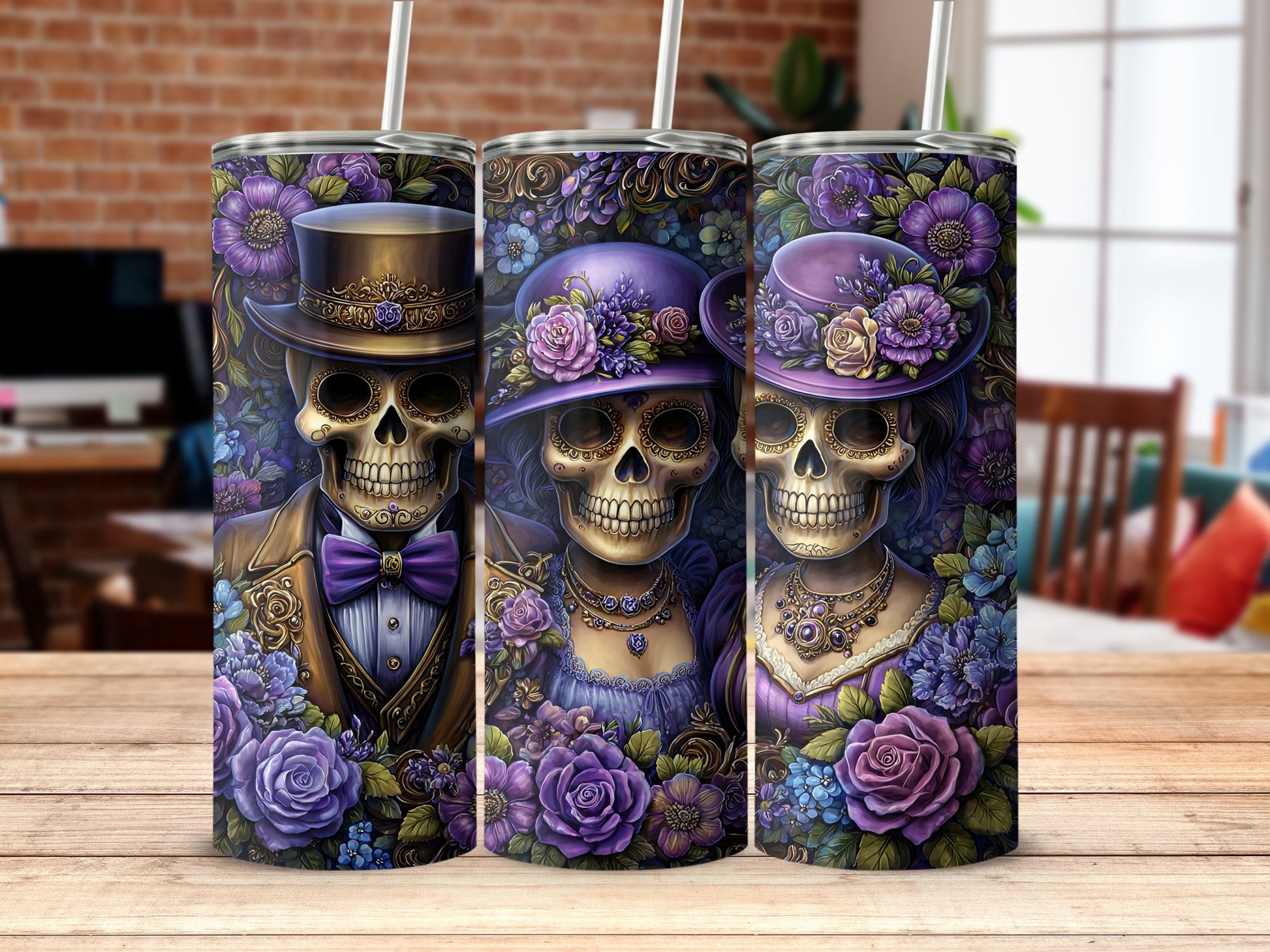 Gothic Skull Couple Tumbler with Floral Accents