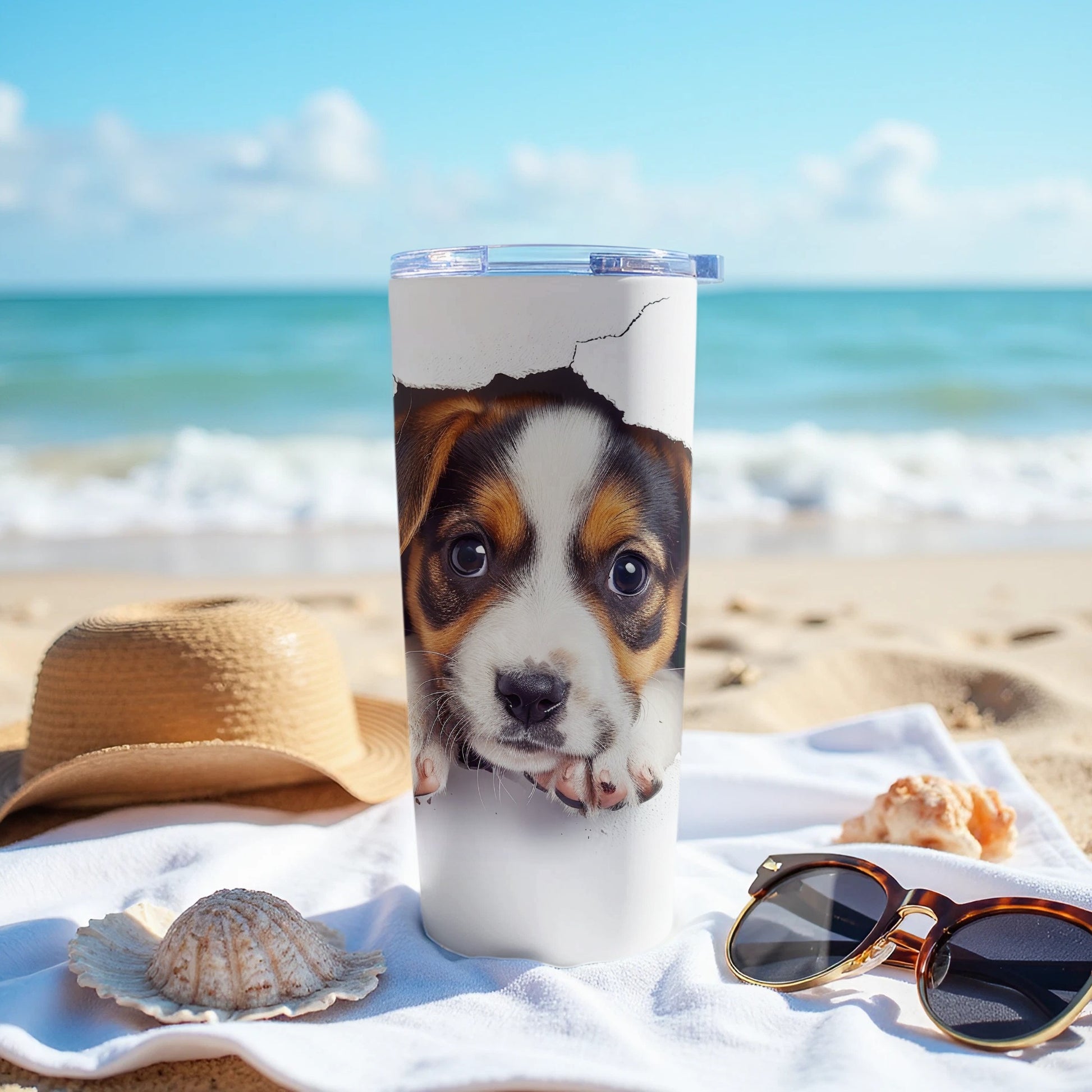 Cute Puppy Peeking Tumbler Beach Scene product type