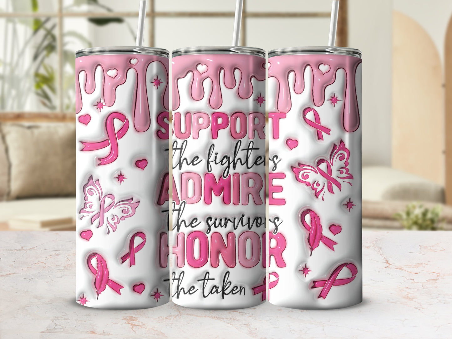 Pink glitter tumbler with "Support, Admire, Honor" text and breast cancer ribbons.