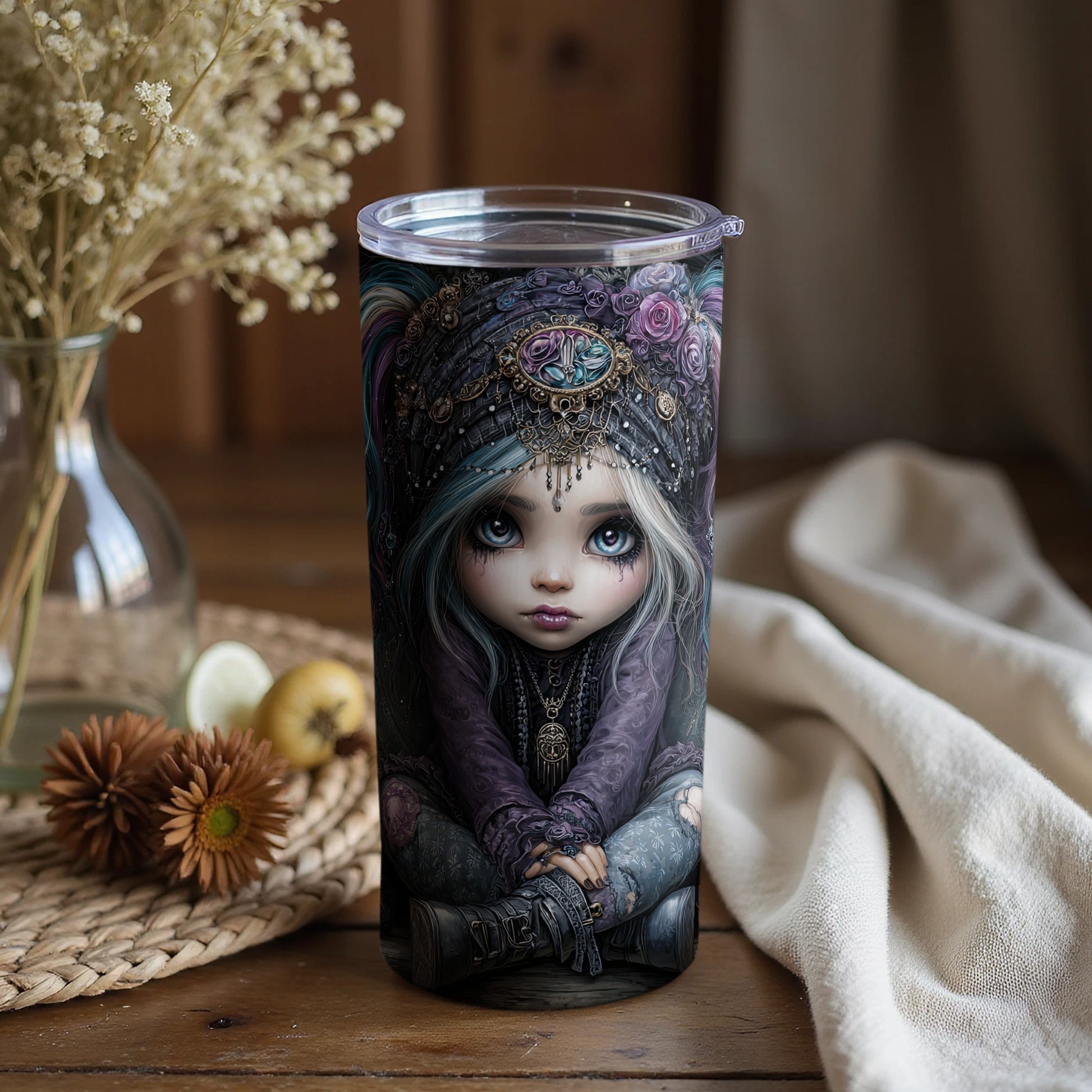 Cute Fantasy Girl Tumbler with Flowers and Jewelry