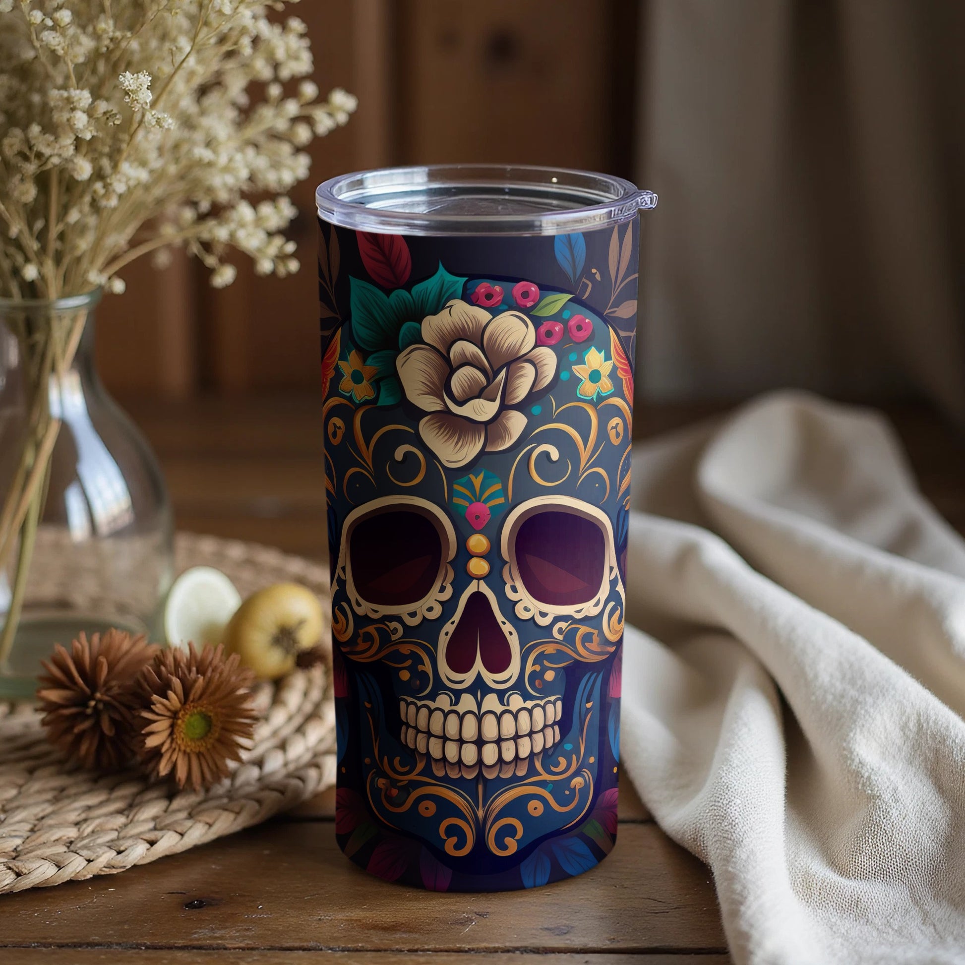 Vibrant Floral Skull Design Tumbler for Beverages