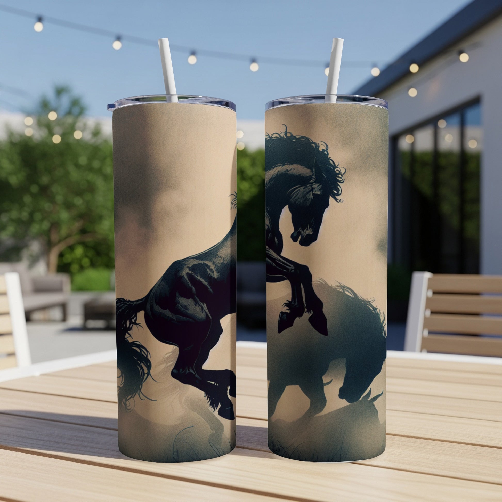 Two tumblers with a rearing black horse silhouette design.