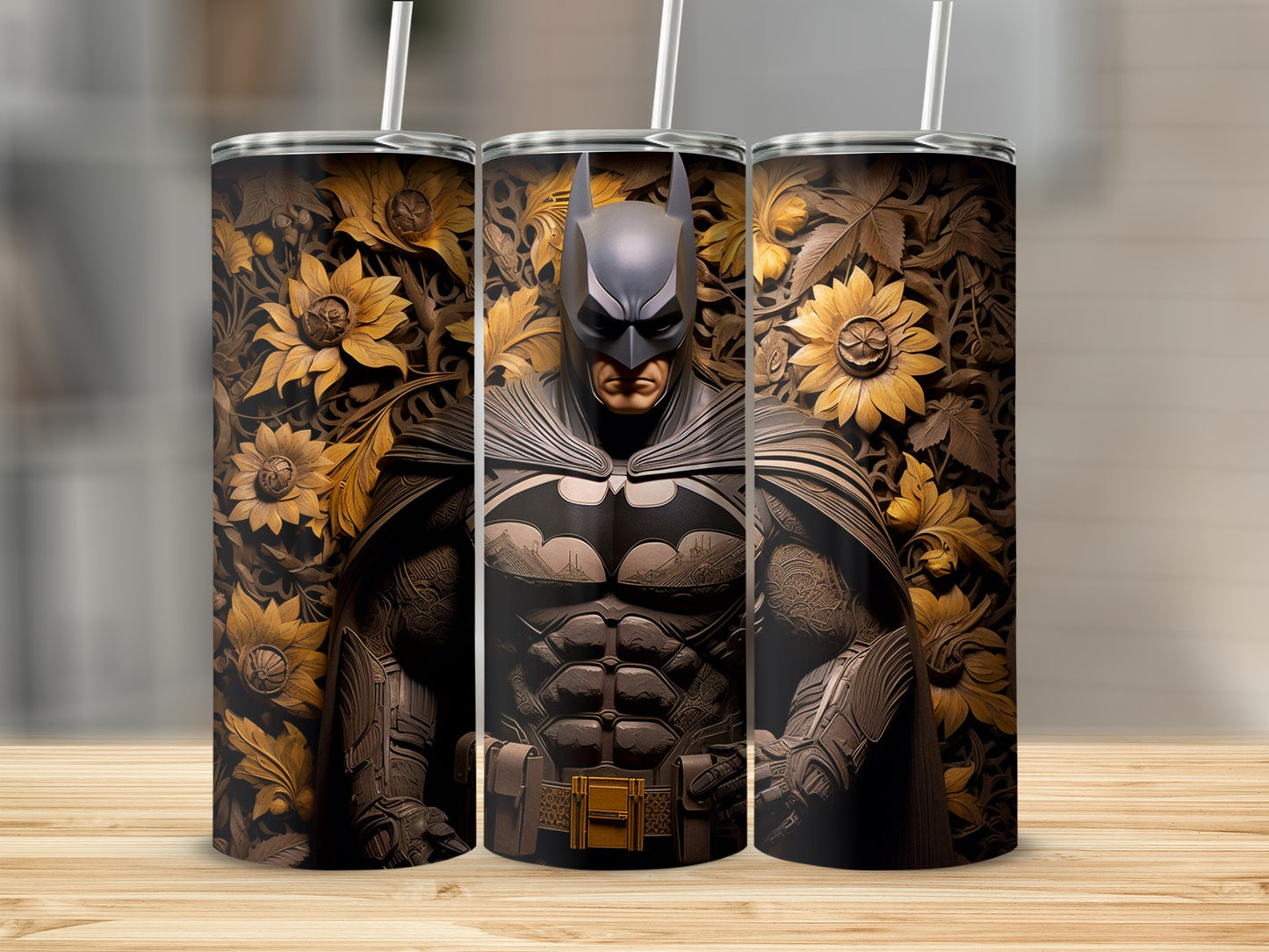 Floral Batman Design Tumbler With Sunflower Art