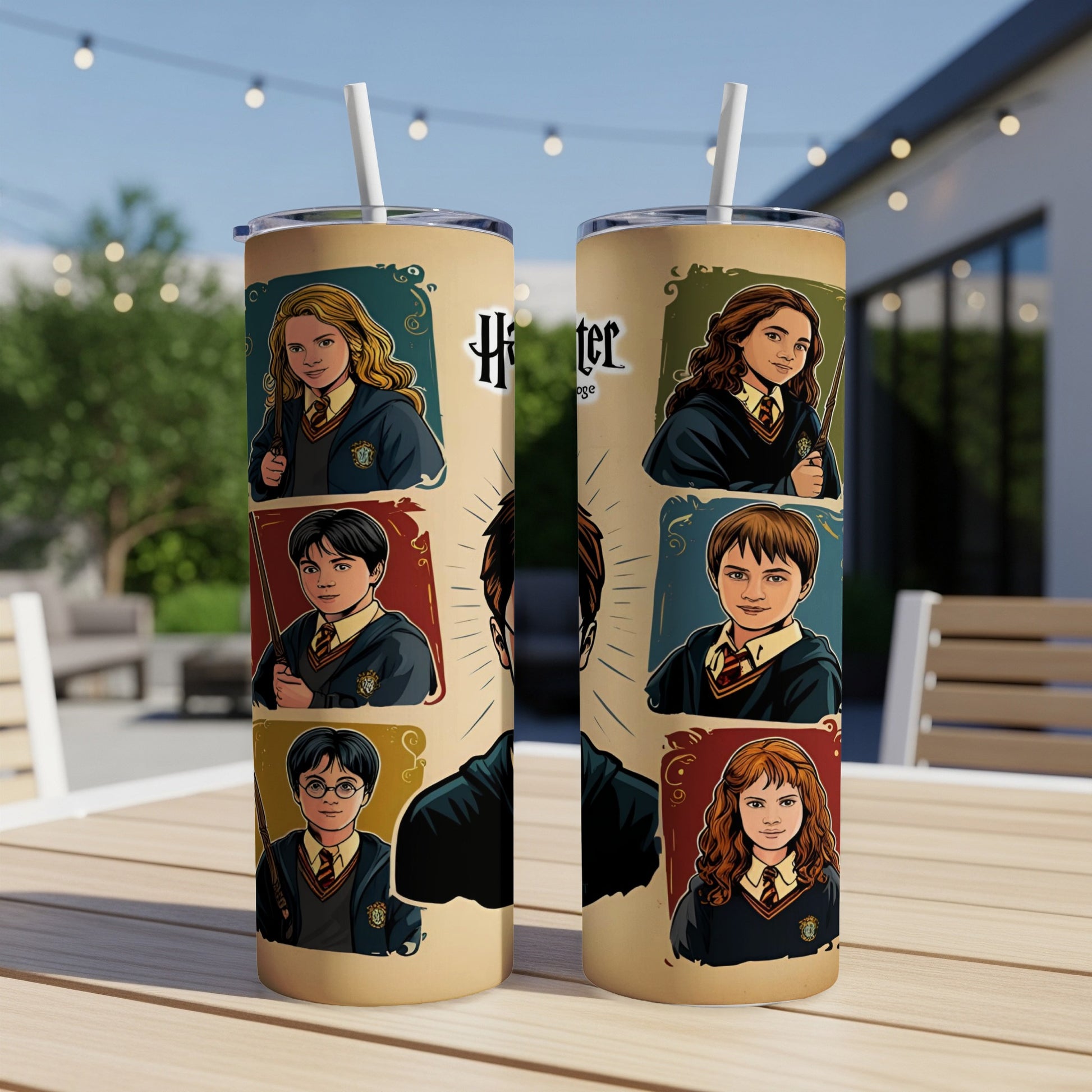 Harry Potter character portraits on a light tan tumbler with straw.
