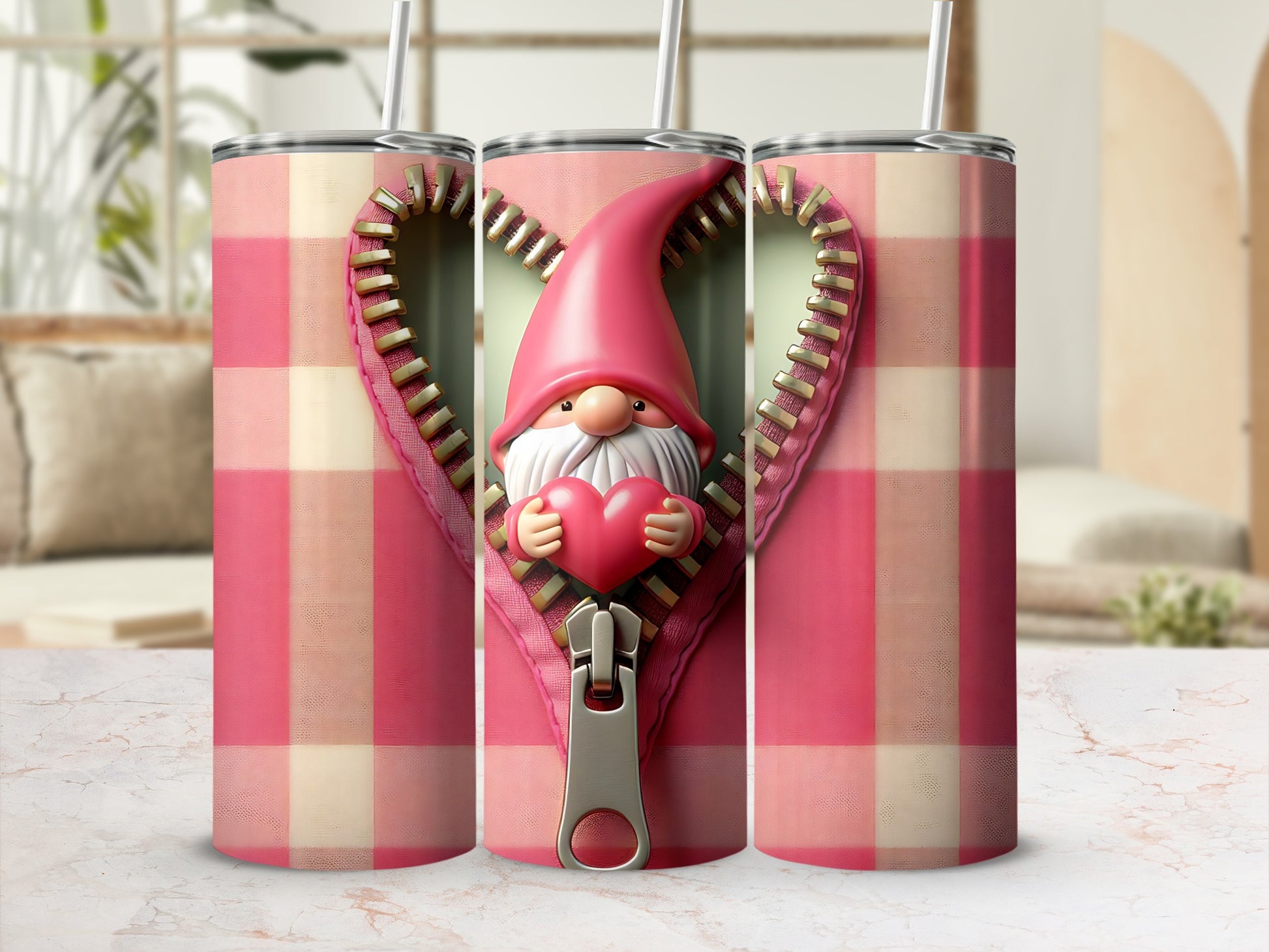 Gnome holding heart in plaid heart zipper design on tumbler.
