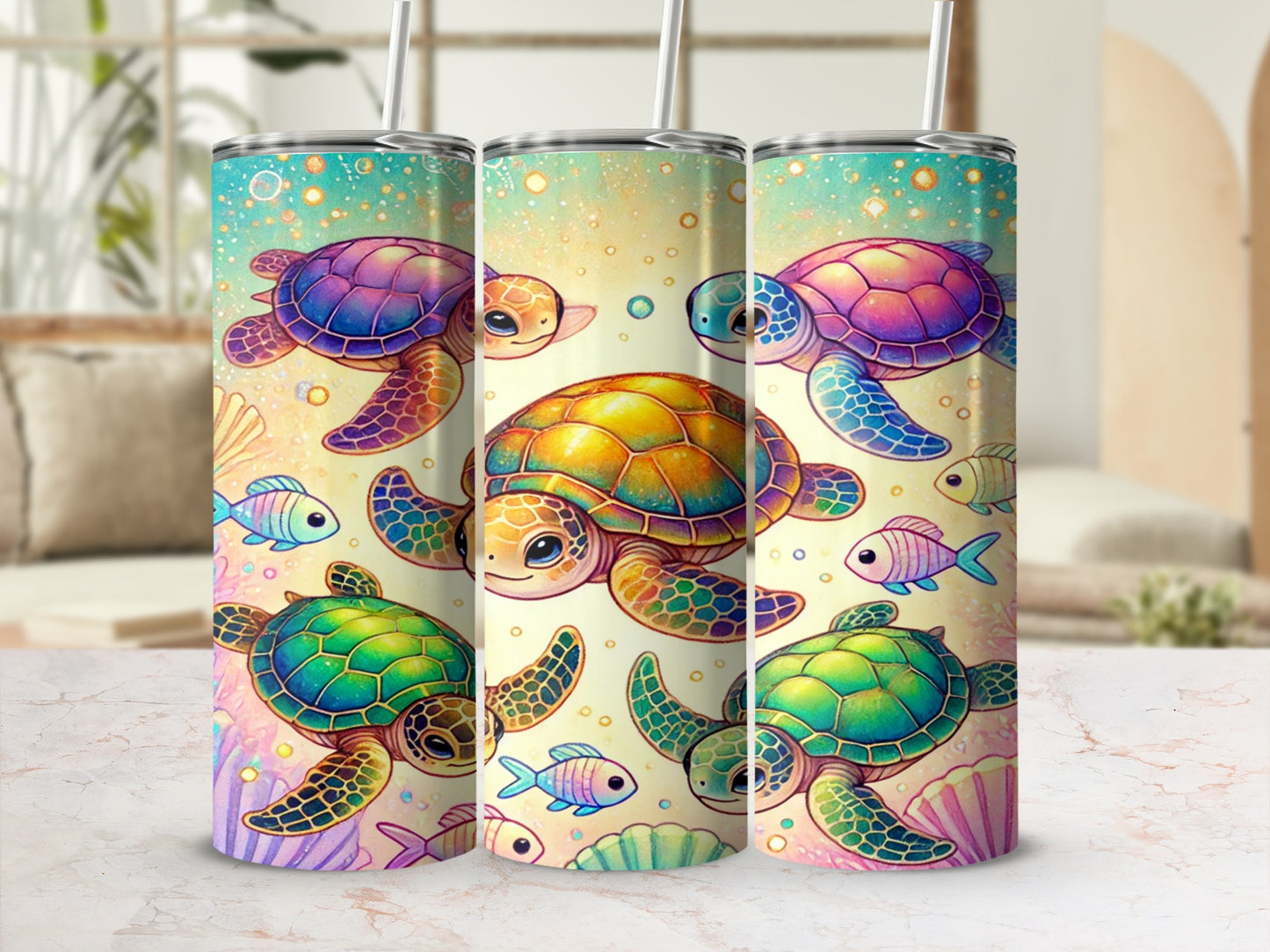 Colorful Sea Turtles and Fish Design Tumbler
