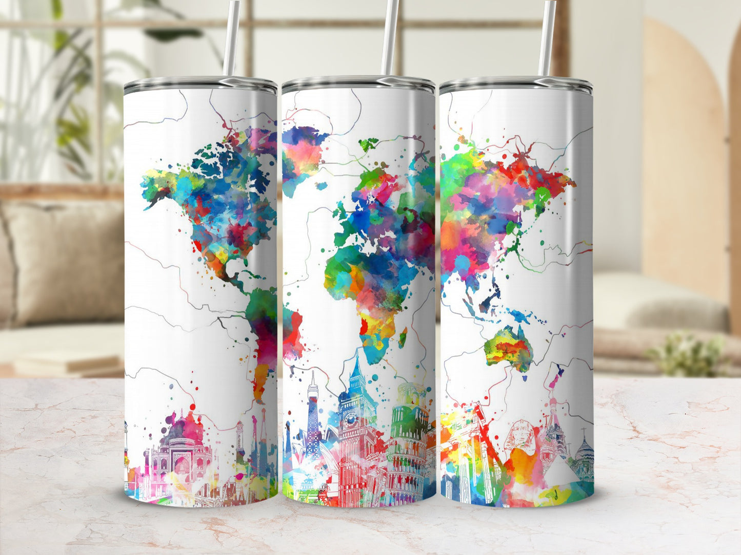 Three tumblers with colorful watercolor world map and landmark designs.