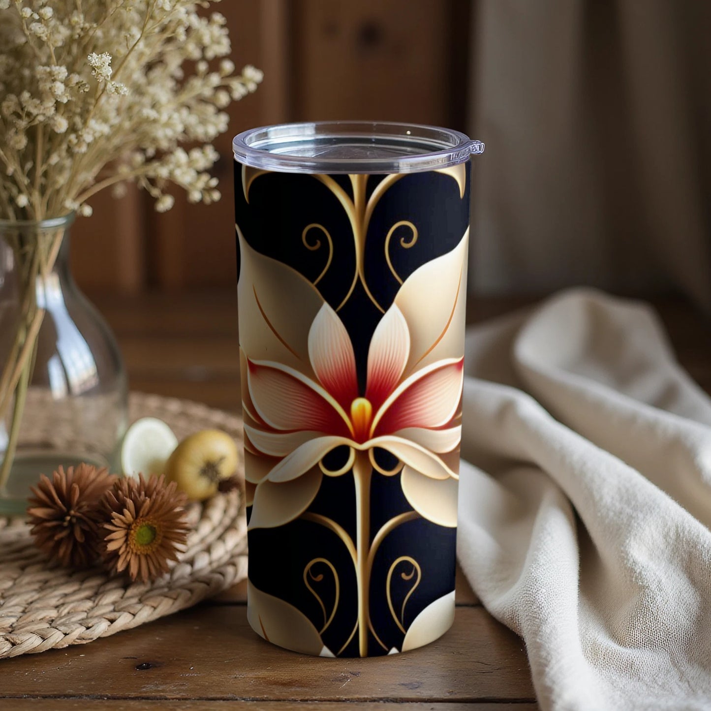Elegant Black and Gold Floral Insulated Tumbler