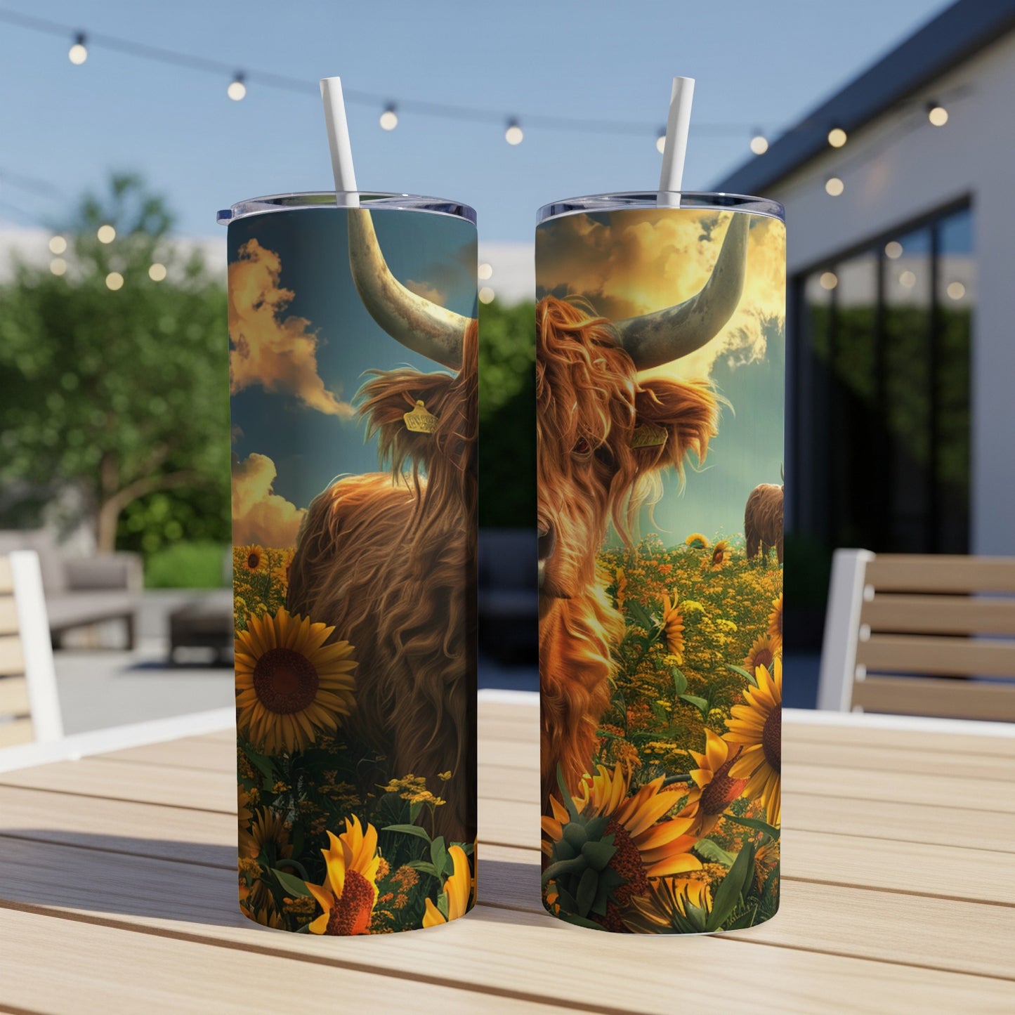 Highland cow among sunflowers on a rustic tumbler.