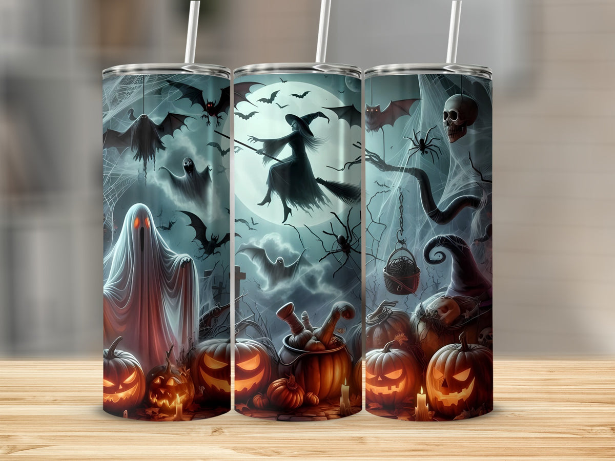 Three tumblers with Halloween designs featuring ghosts, witches, bats, skulls, and pumpkins.