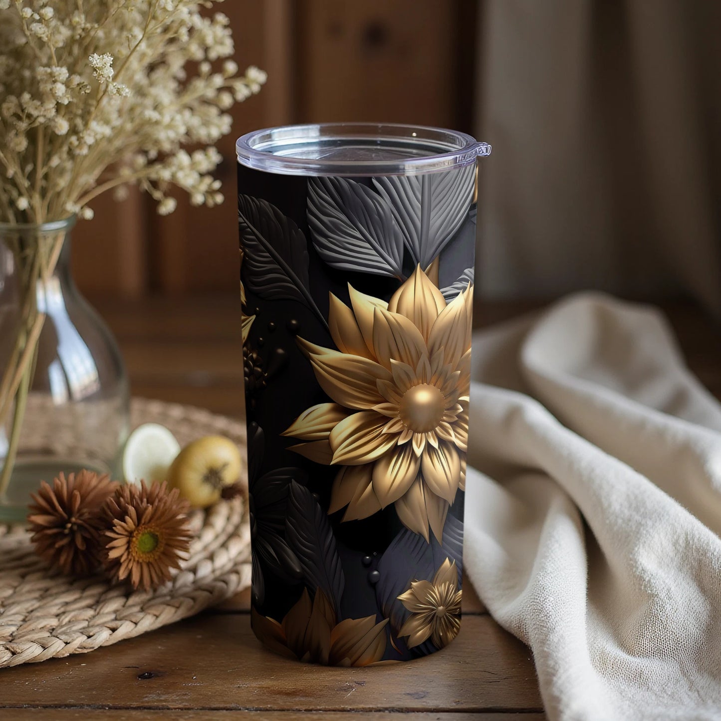 Elegant Gold Flower Design Insulated Tumbler Cup