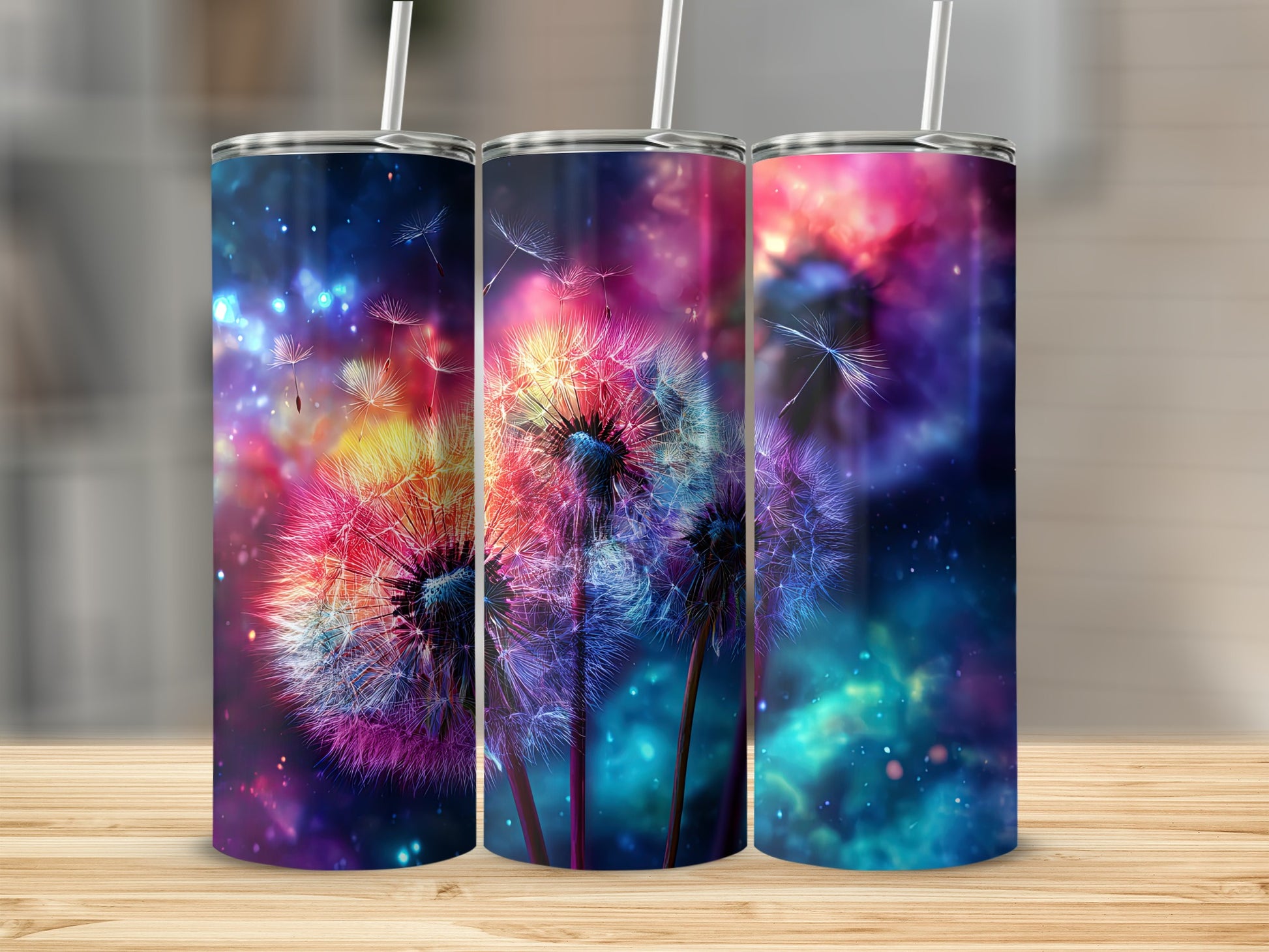 Colorful Dandelion and Cosmic Design Tumbler Product