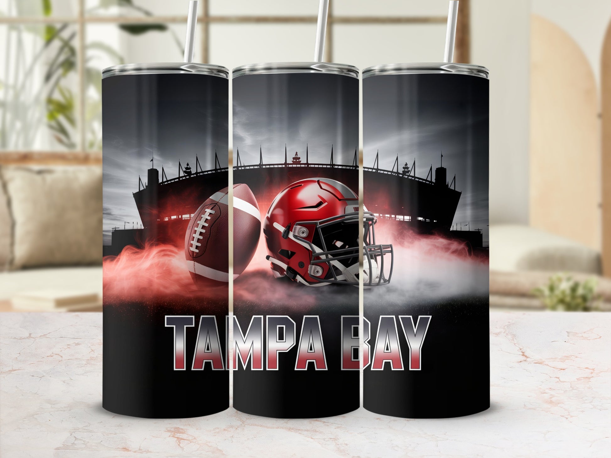 Tampa Bay football helmet and ball with stadium background and smoke.