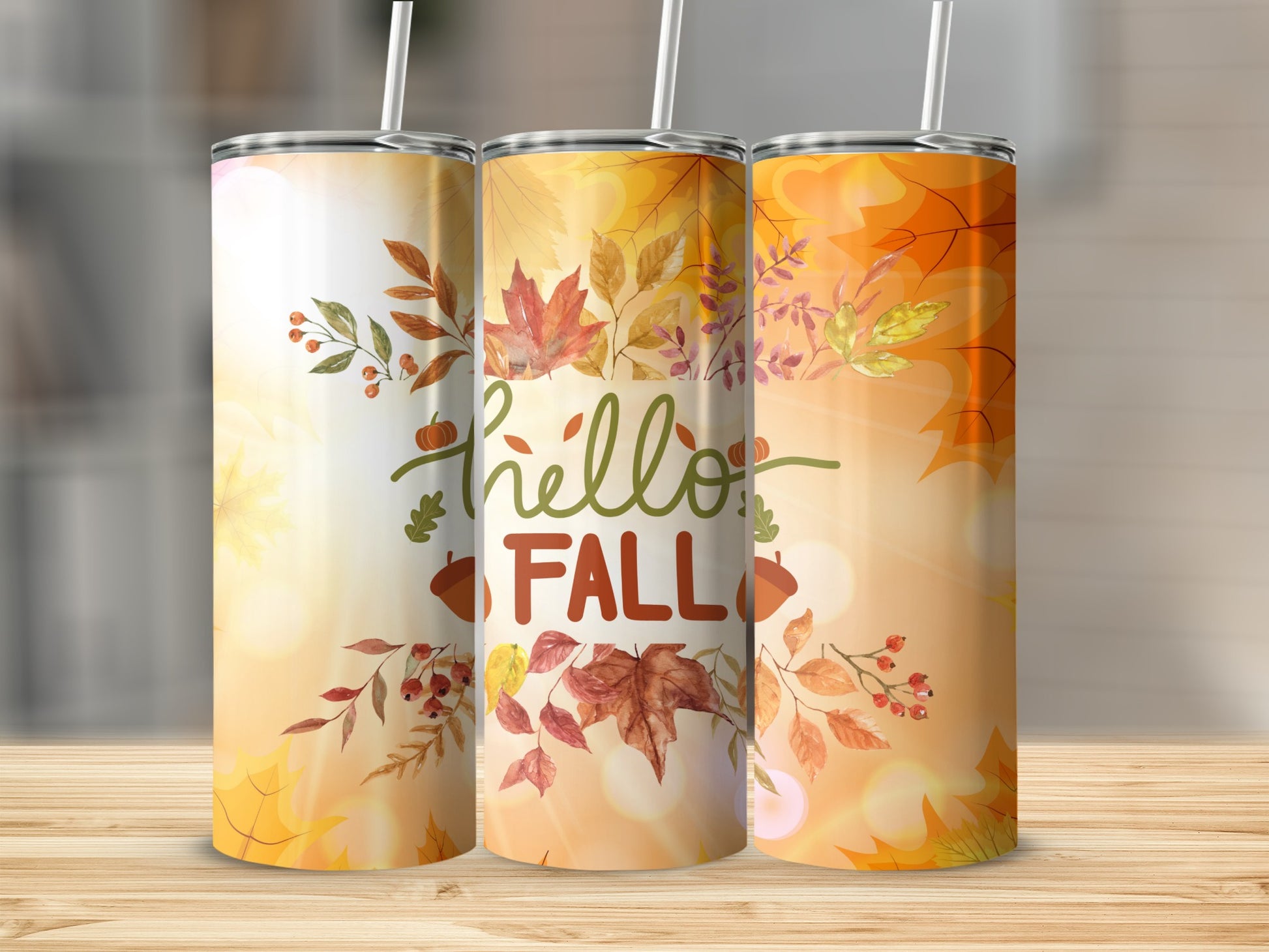 Hello Fall Autumn Leaves Pattern Tumbler