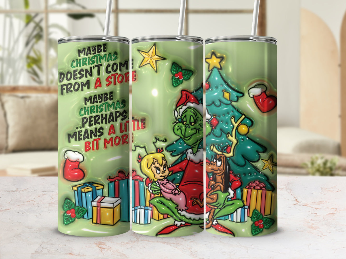 Grinch Christmas Scene Tumbler with Festive Decorations