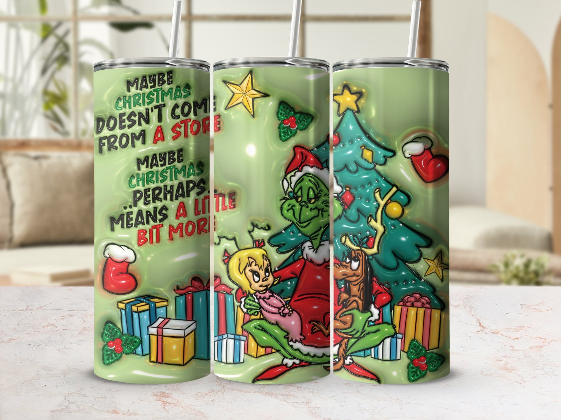 Grinch Christmas Scene Tumbler with Festive Decorations