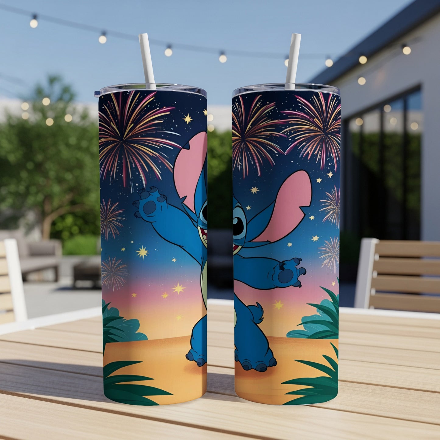 Stitch with arms outstretched, set against a starry sky with fireworks and palm trees.
