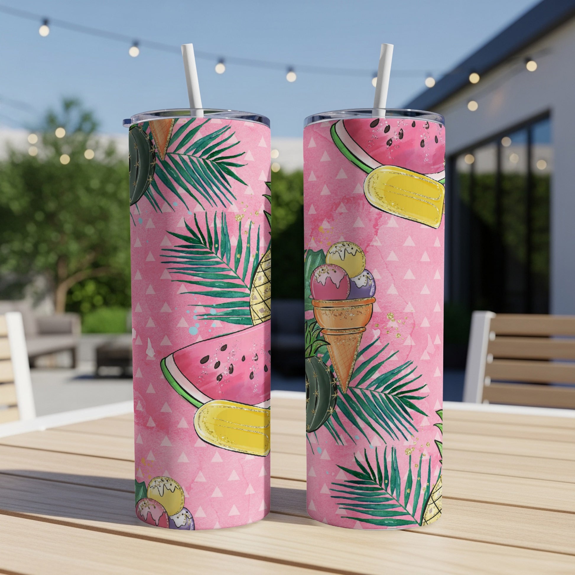 Two pink tumblers with watermelon, pineapple, palm leaves, and ice cream cone pattern.