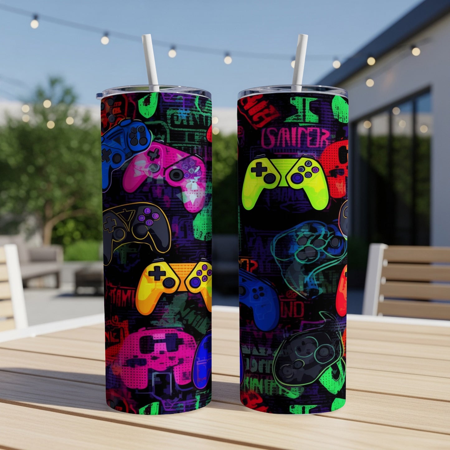 Two tumblers with a repeating pattern of colorful video game controllers.