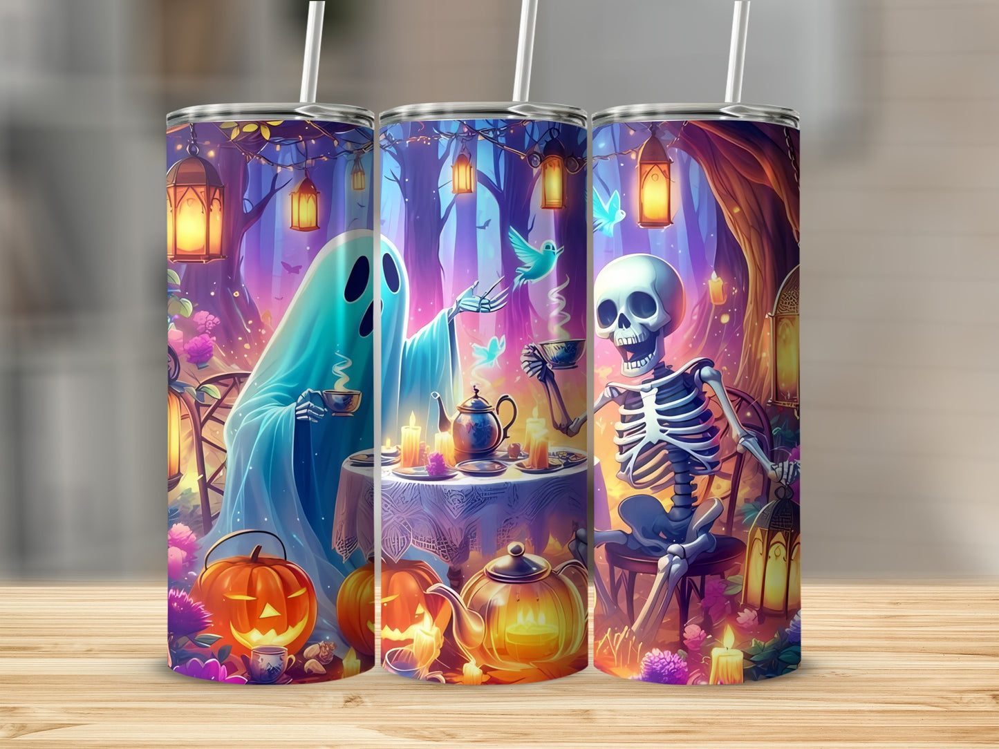 Halloween tumblers with a ghost, skeleton, pumpkins, and spooky forest scene.