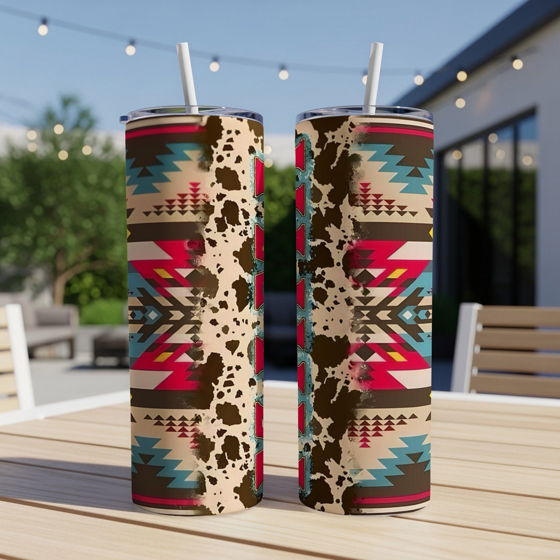 Two tall tumblers with a Southwestern pattern and cowhide design.