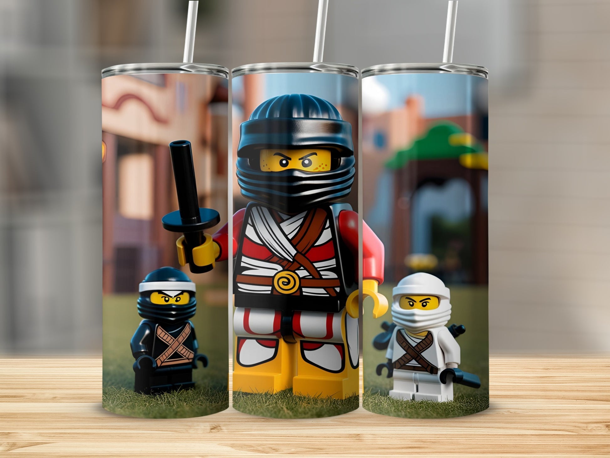 Three Lego Ninjago figures in colorful outfits standing on grass.