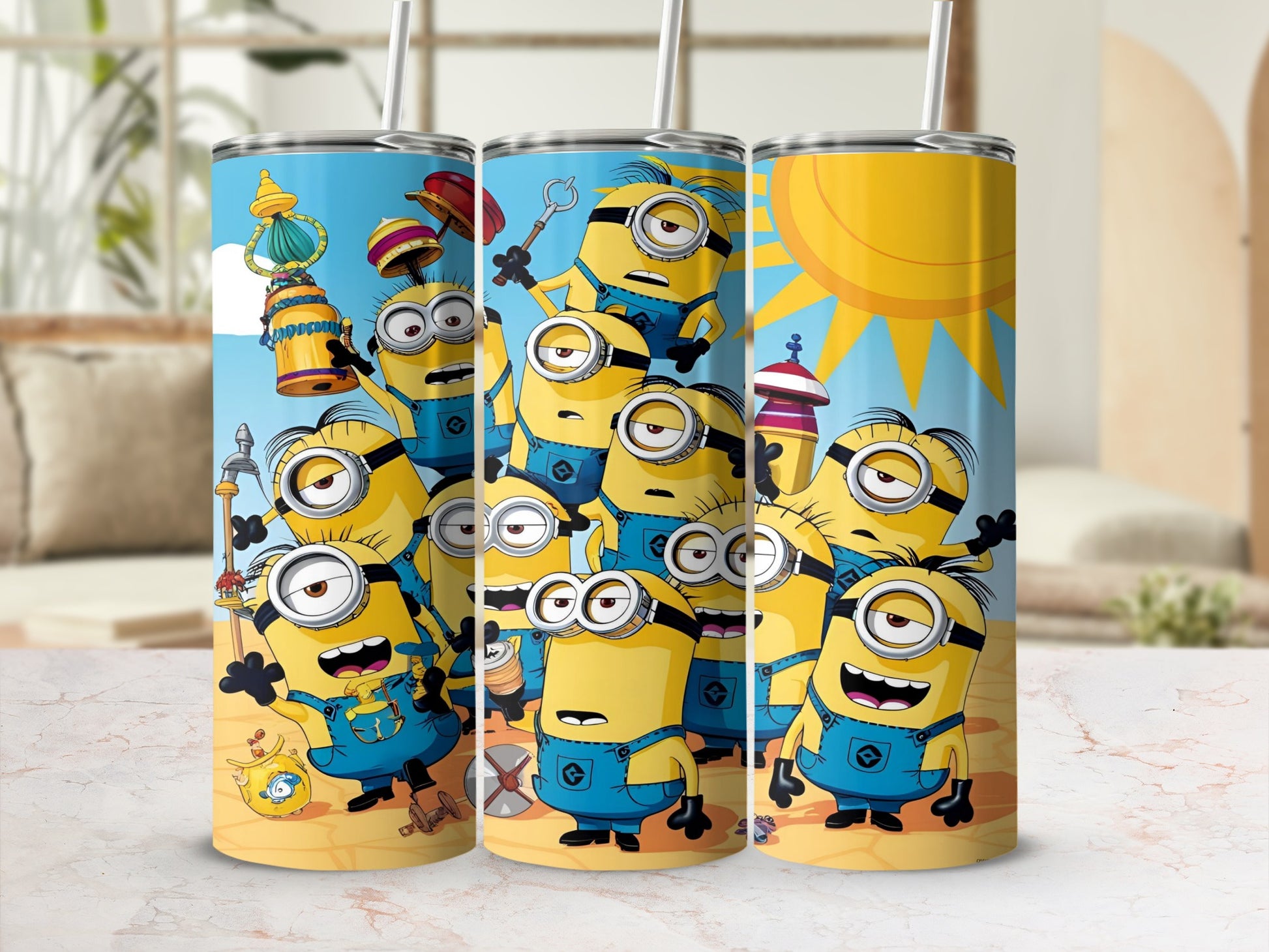Minions characters with yellow overalls on a blue background with a sun.